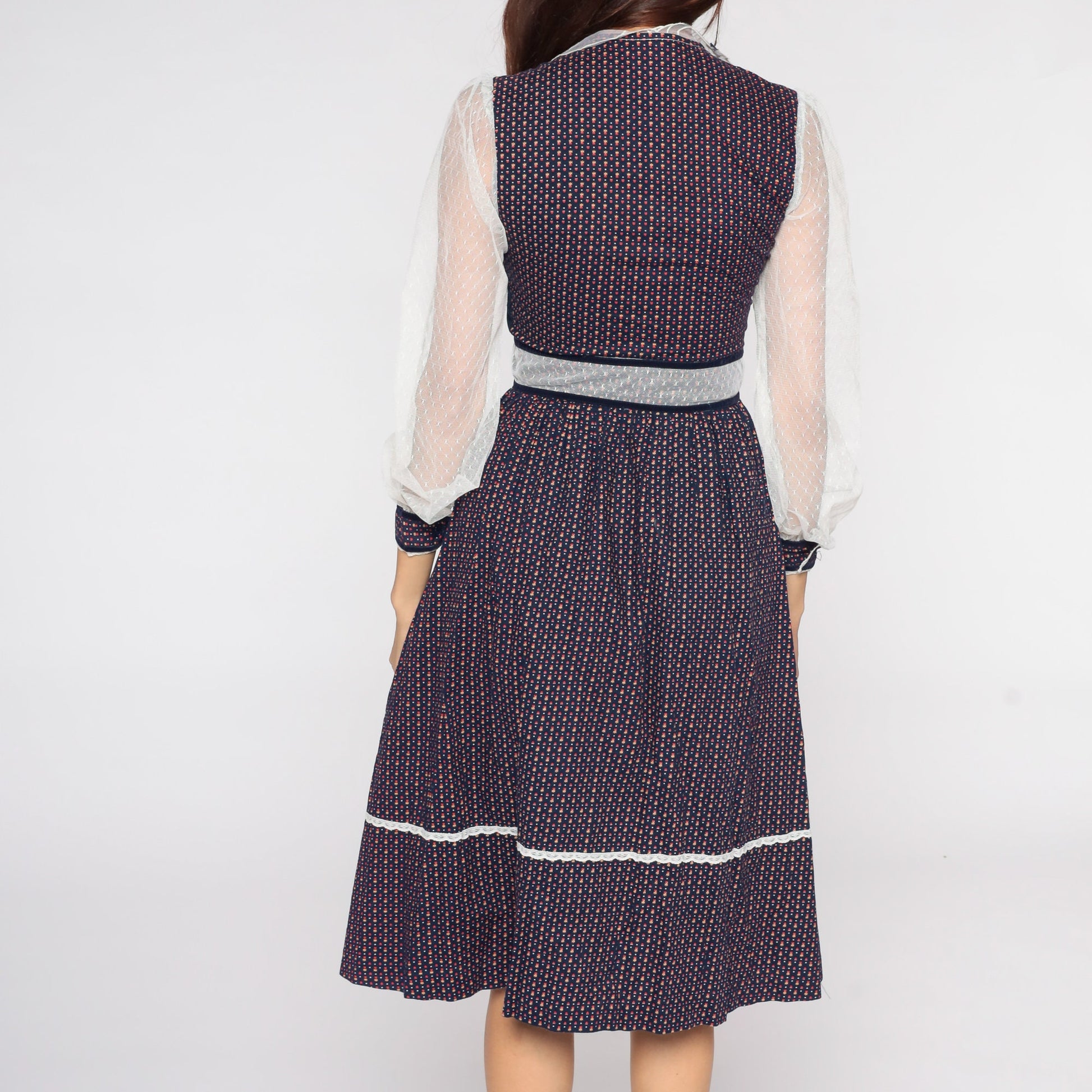 70s Candi Jones Floral Calico Midi Dress Puff Sleeve High Waist Small