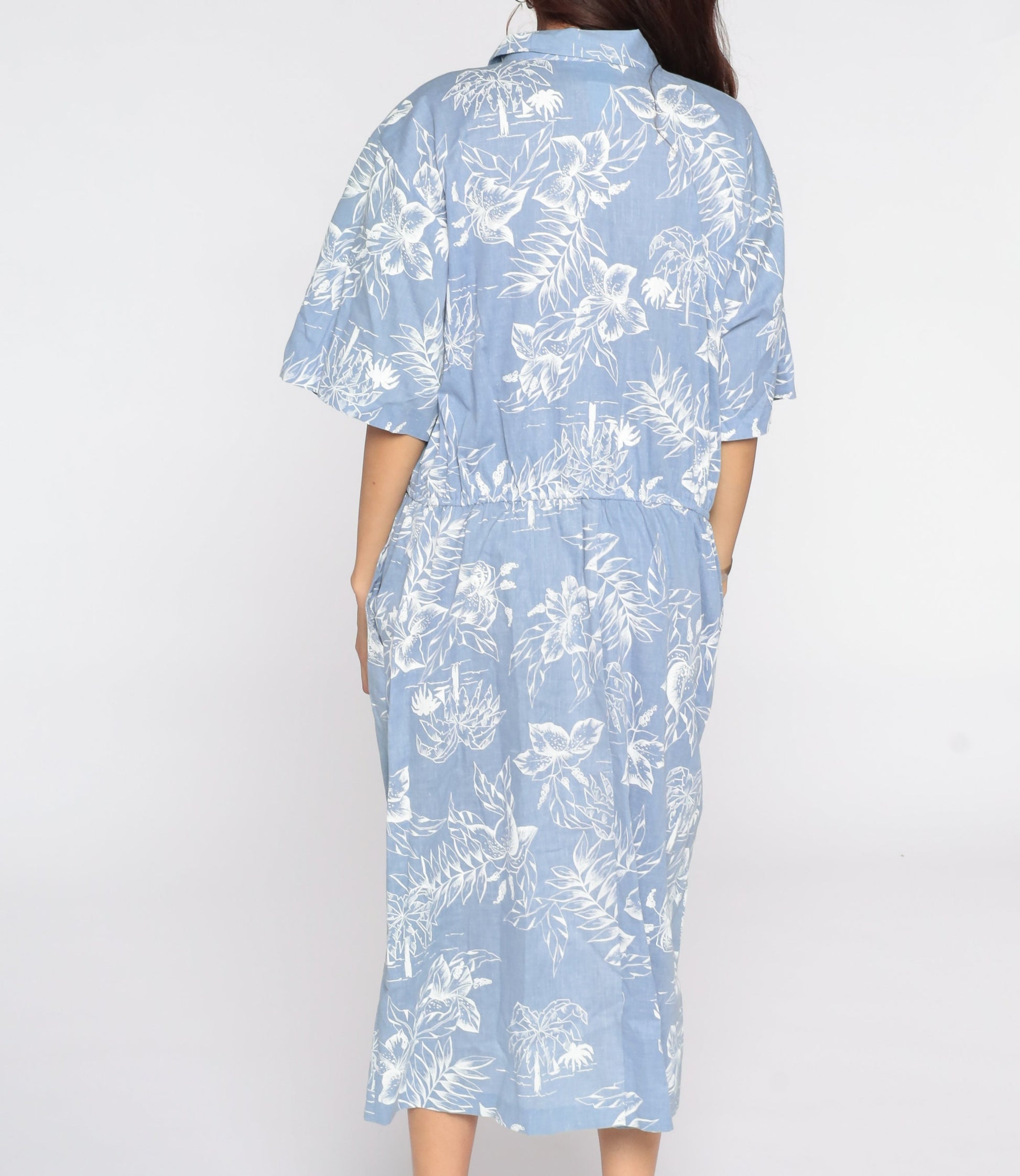80s Tropical Palm Floral Midi Dress High Waist Wrap Blue Cotton Extra Large