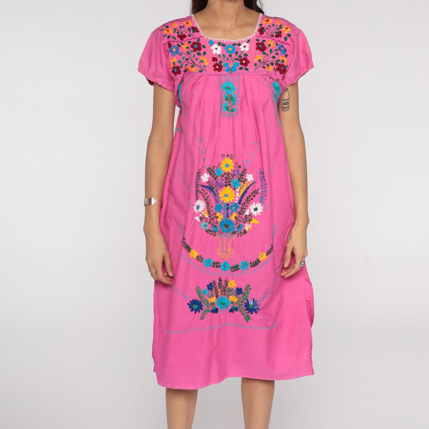 Vintage Mexican Pink Cotton Midi Dress Embroidered Tunic Medium