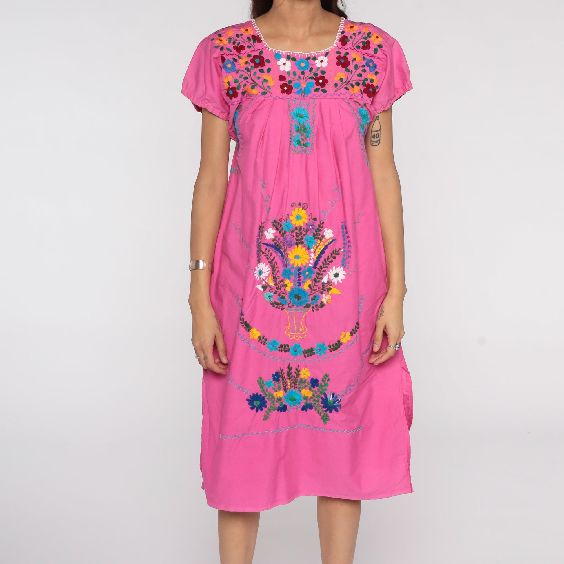 Vintage Mexican Pink Cotton Midi Dress Embroidered Tunic Medium