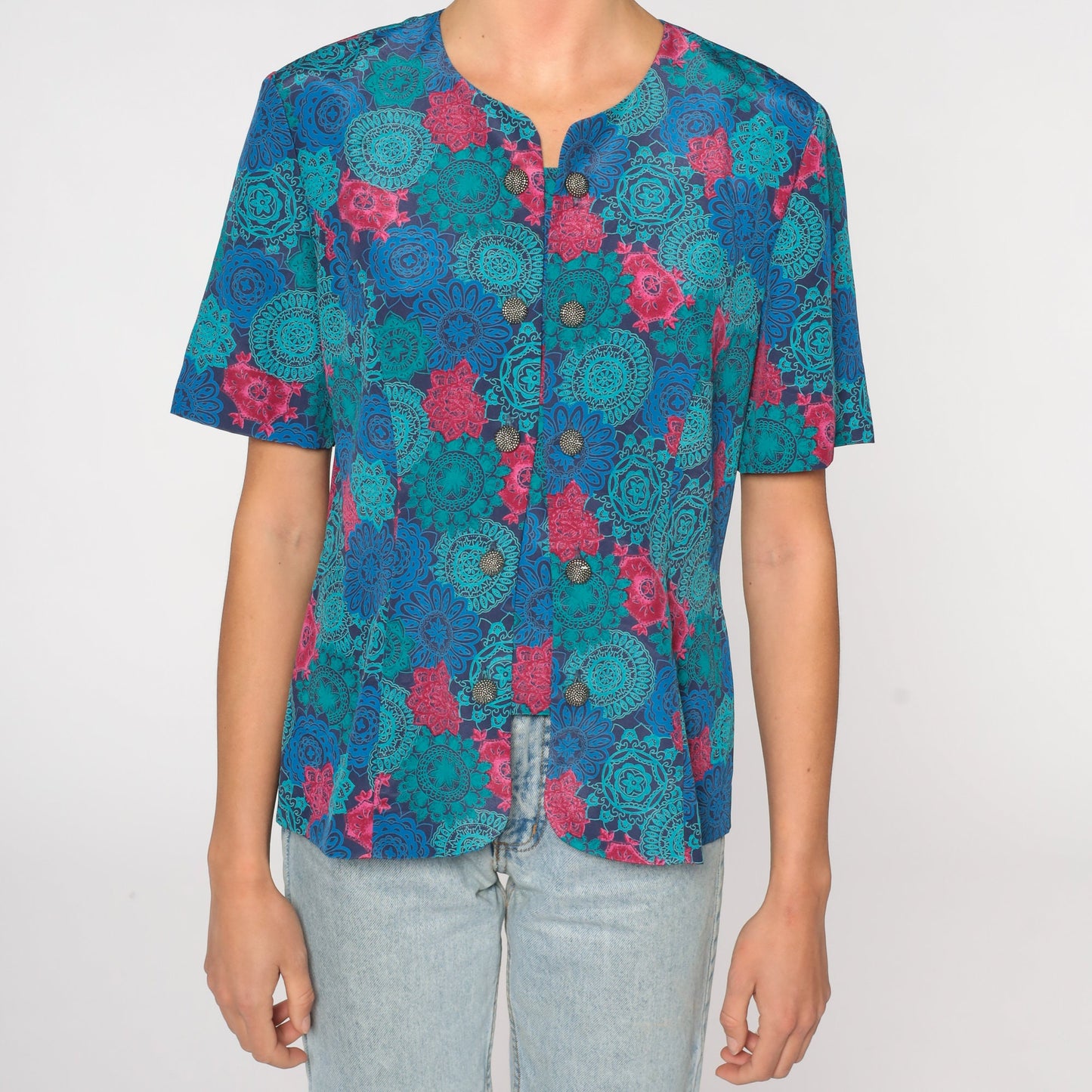 80s Leslie Fay Geometric Button Up Shirt Blue Short Sleeve Medium