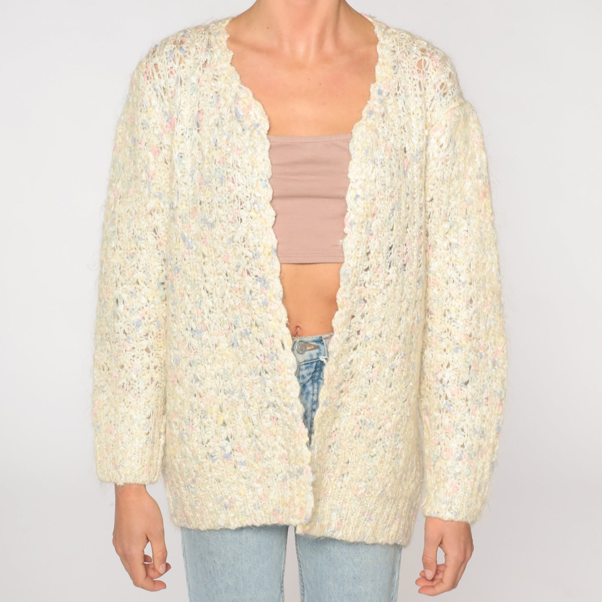 70s Cream Flecked Open Weave Cardigan Sweater Knit Medium Large