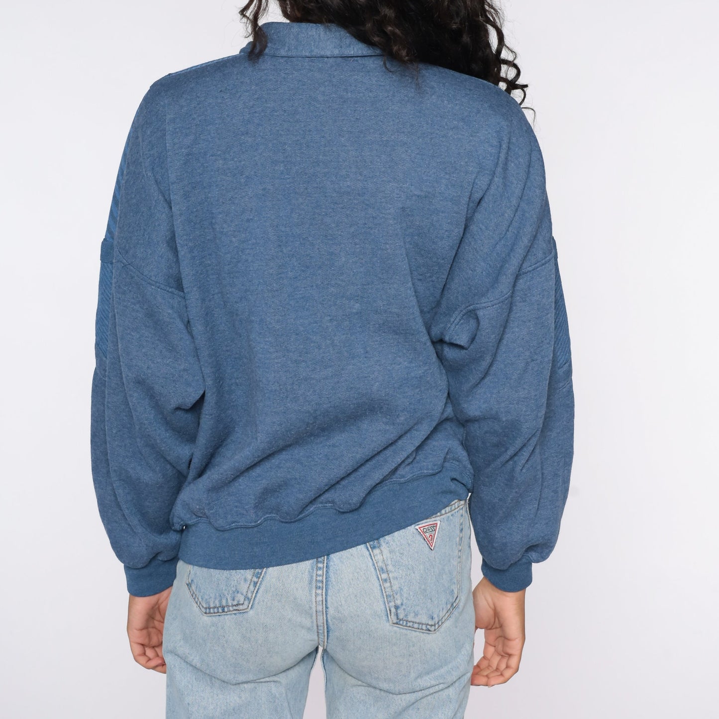 80s Striped Quarter Zip Sweatshirt White Blue Yellow Drawstring Large