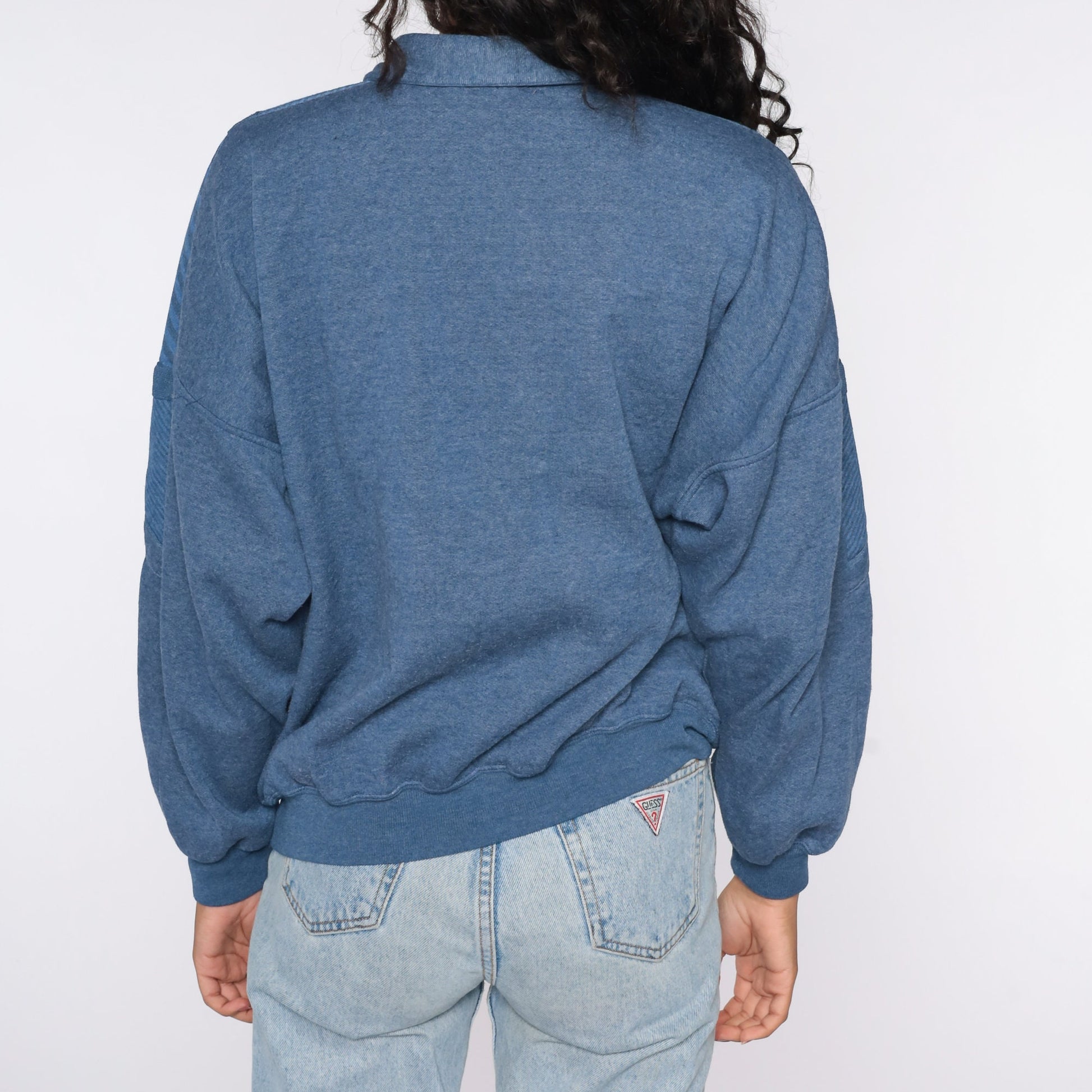 80s Striped Quarter Zip Sweatshirt White Blue Yellow Drawstring Large