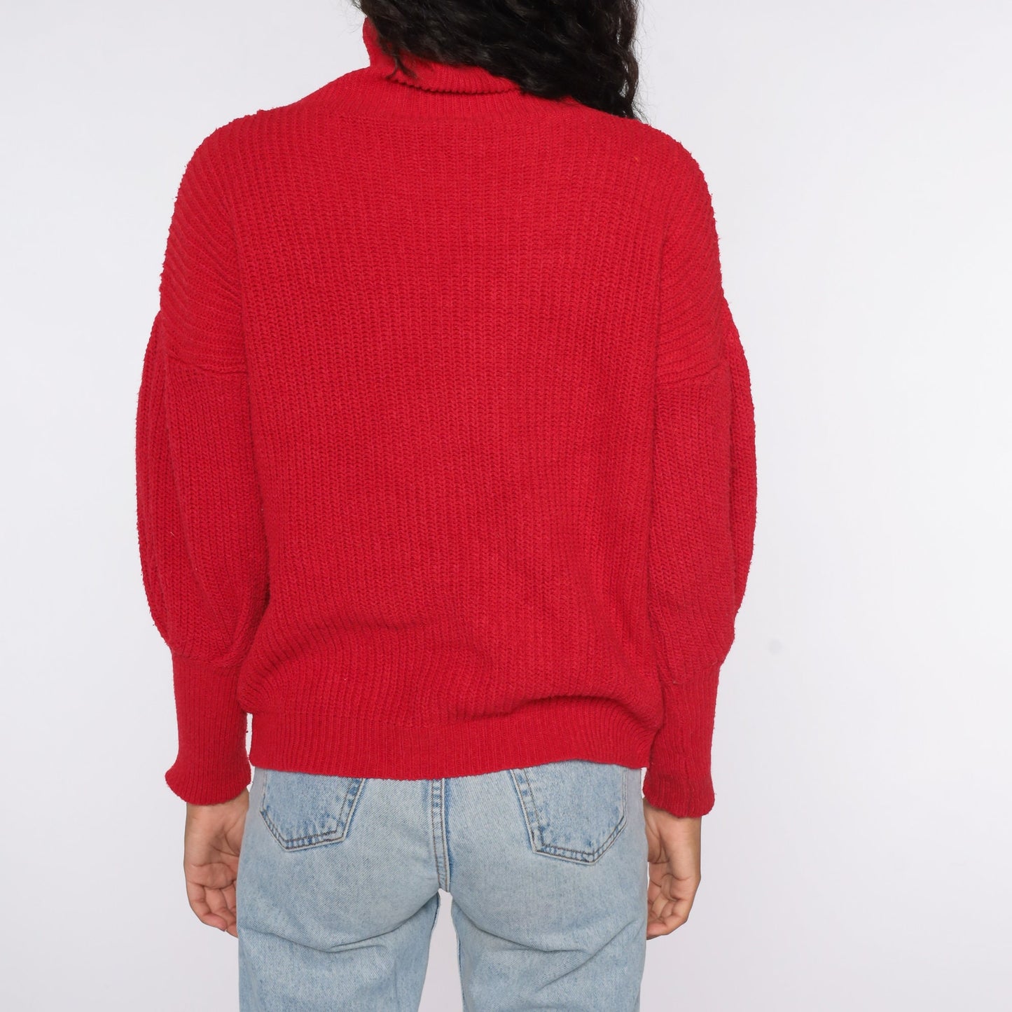 80s Red Mock Neck Balloon Sleeve Knit Sweater Medium