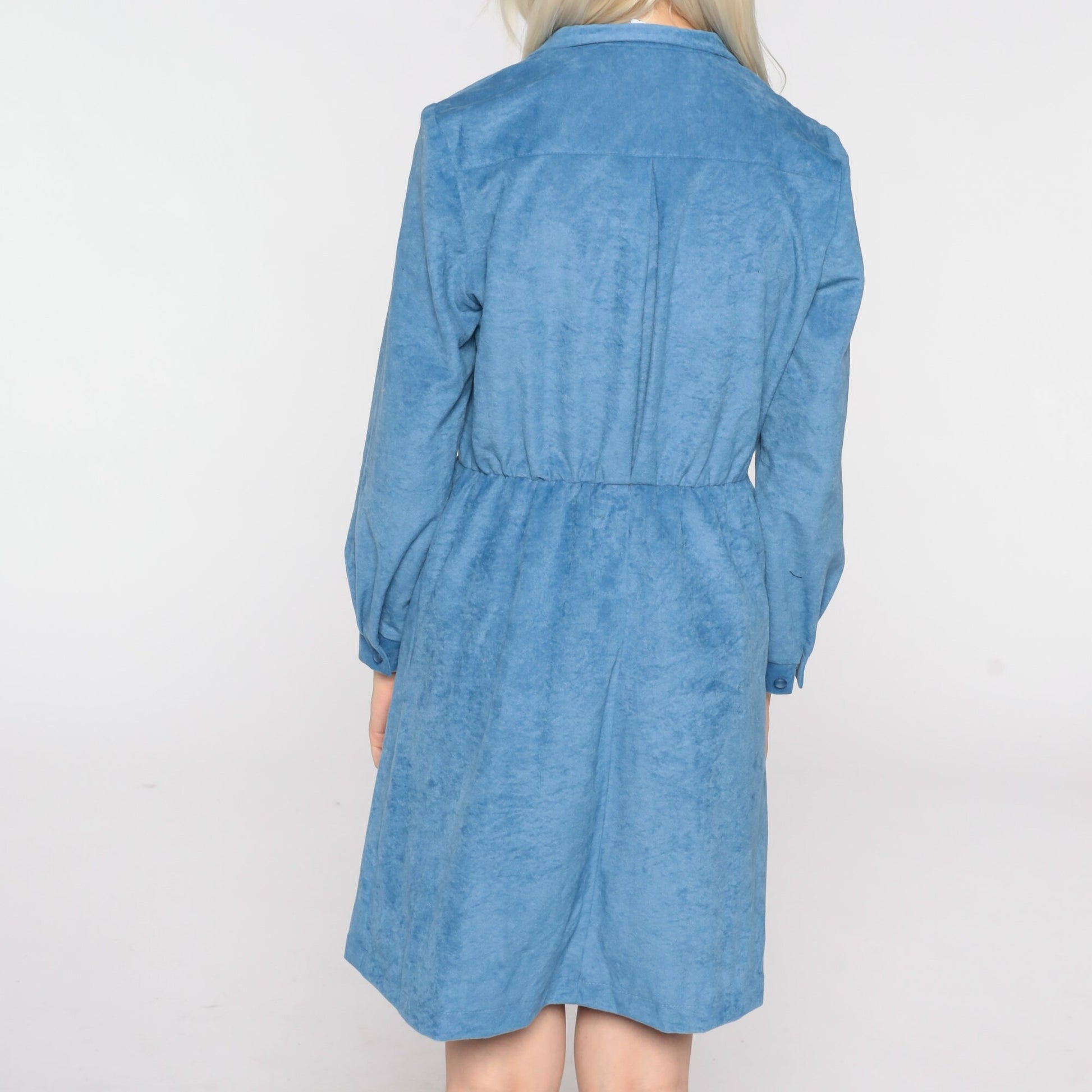 80s Blue Floral Embroidered Mini Shirtdress High Waist Button Up Long Sleeve Medium