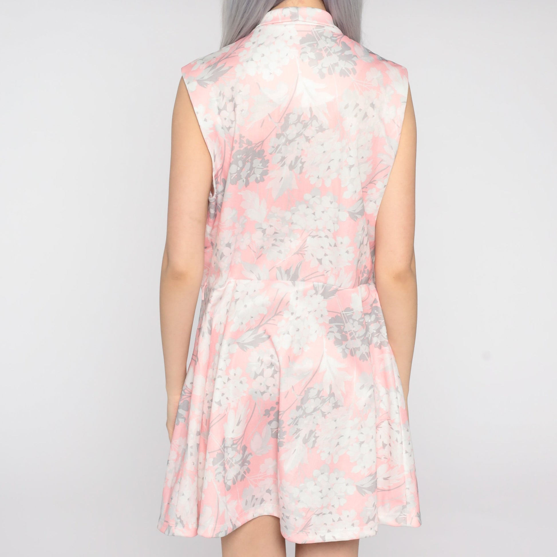 70s Floral Mini Dress Pink White Grey Button-Up High Waist Sleeveless Extra Large