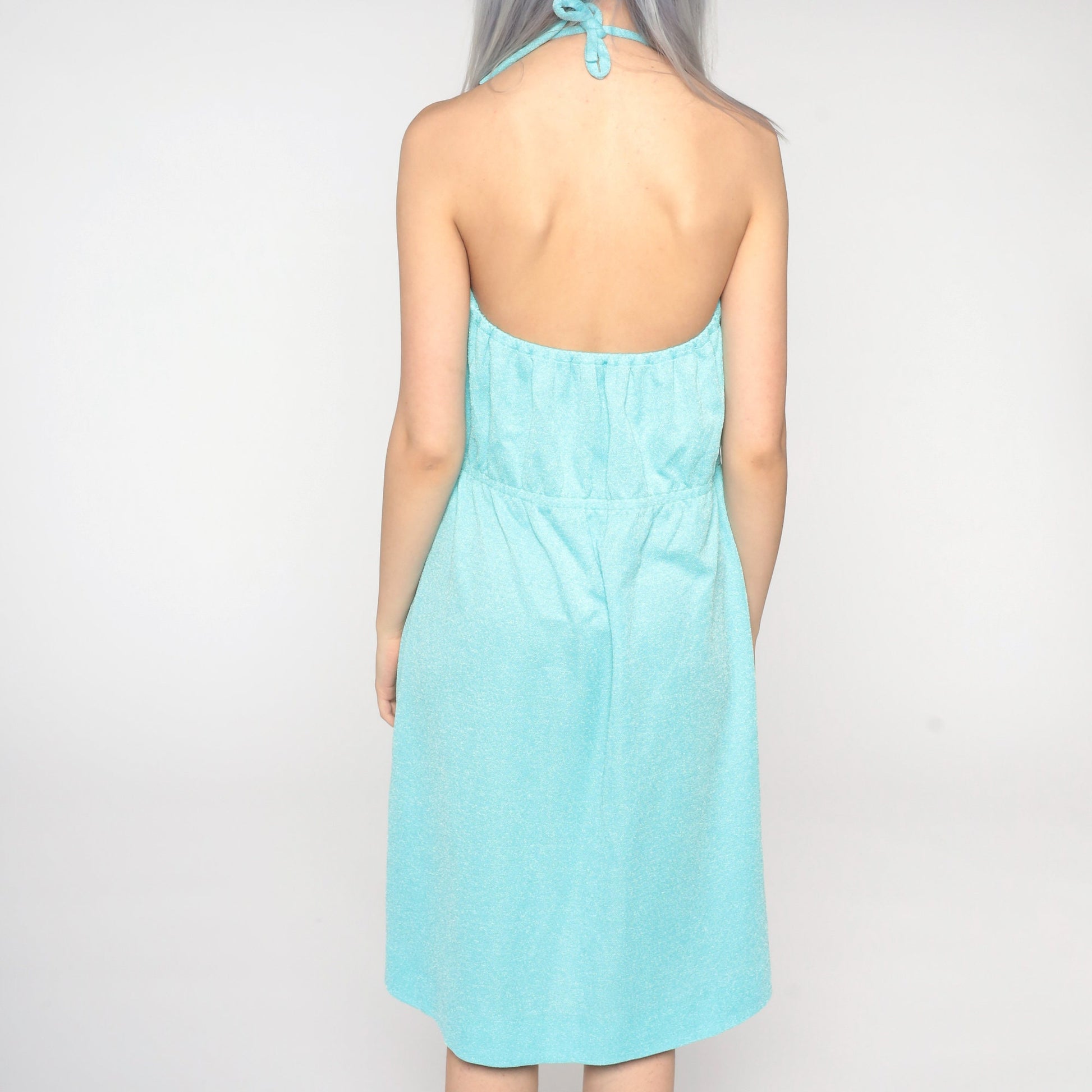70s Aqua Blue Halter Midi Sundress High Waist Small Medium