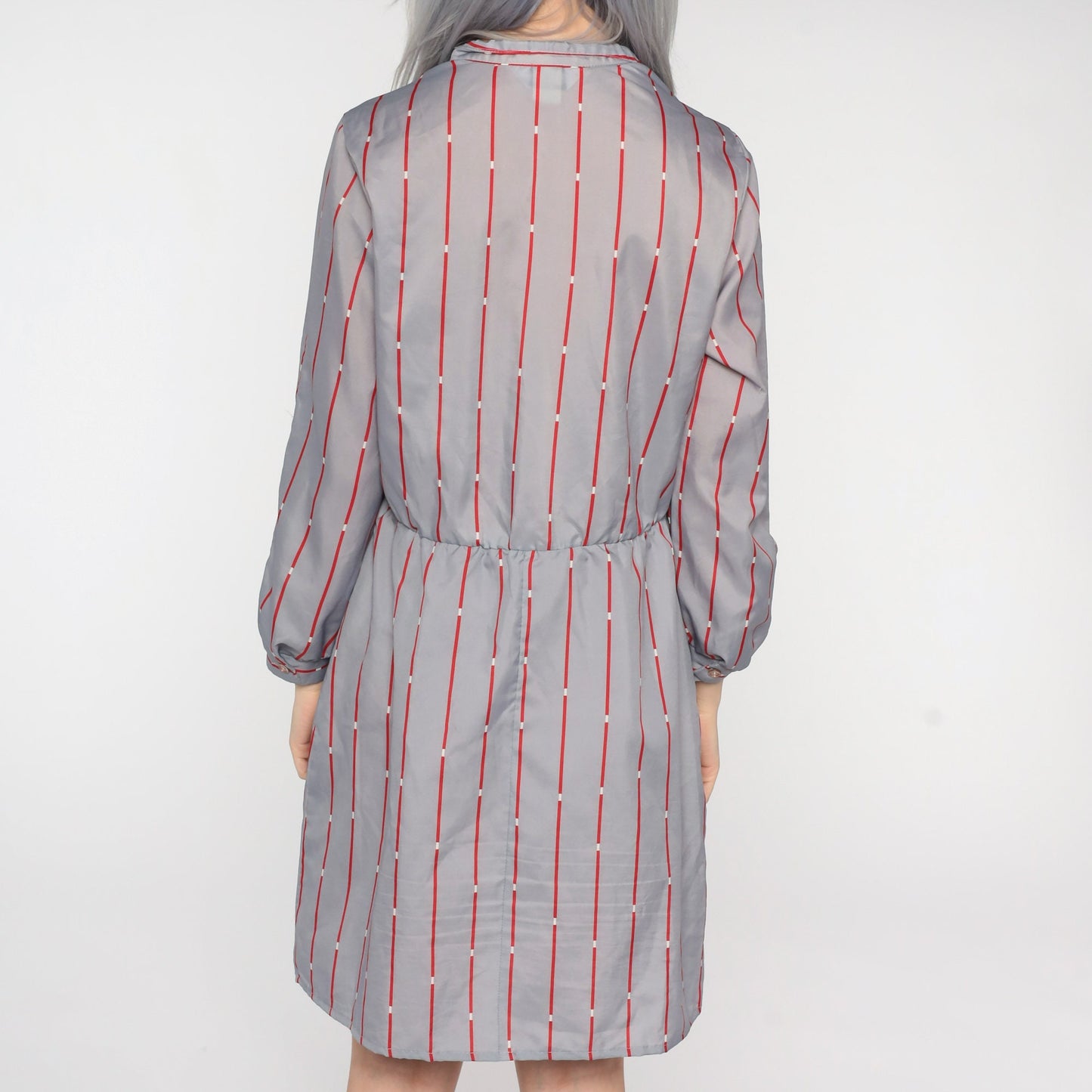 80s Striped Button-Up Mini Dress Grey Red Shirtdress Medium