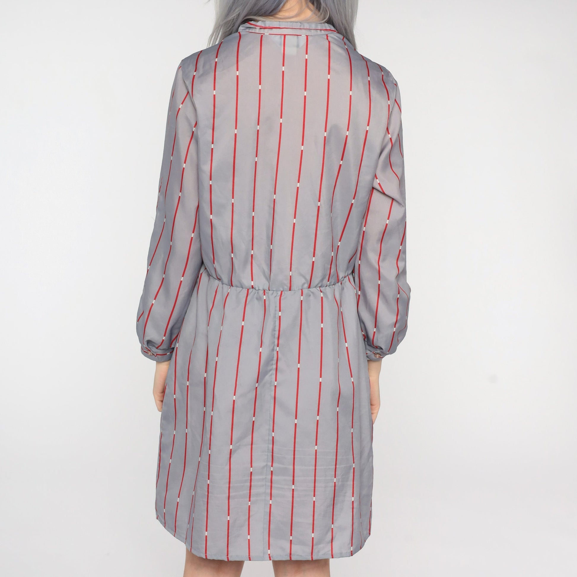 80s Striped Button-Up Mini Dress Grey Red Shirtdress Medium