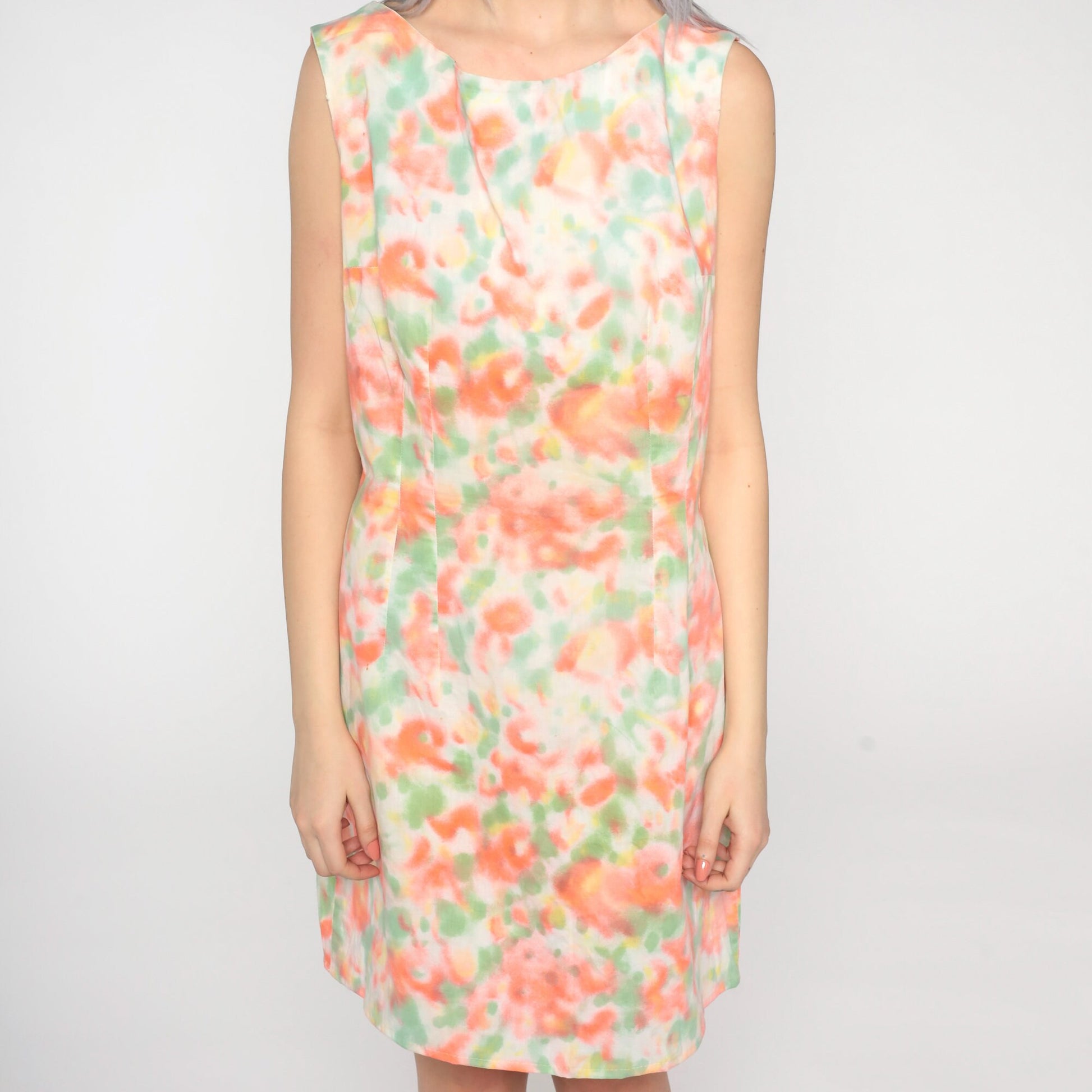 1960s Mod Floral Mini Dress White Sleeveless Shift Medium Large
