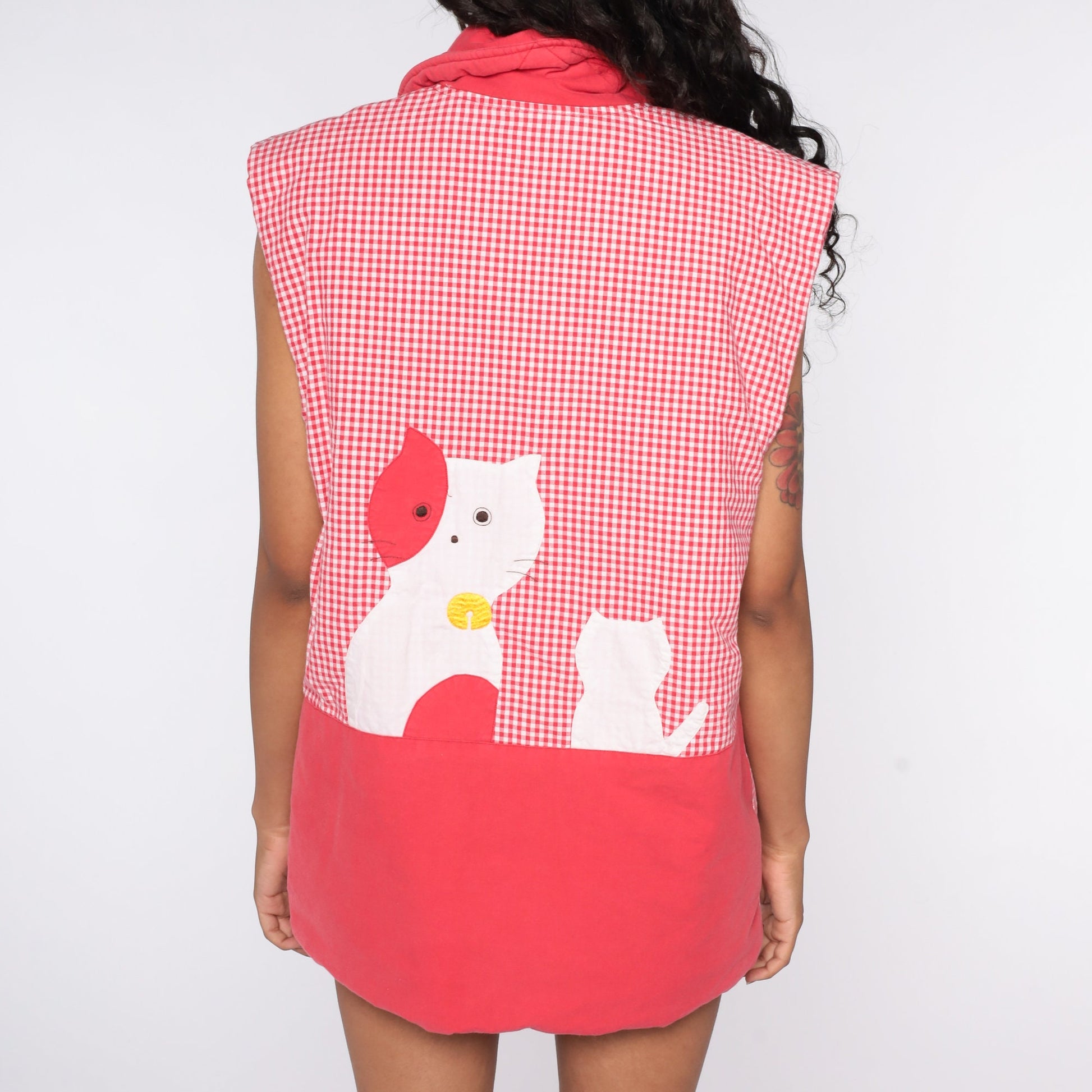 80s Cat Gingham Quilted Vest Red Checkered Button Up Extra Large XL