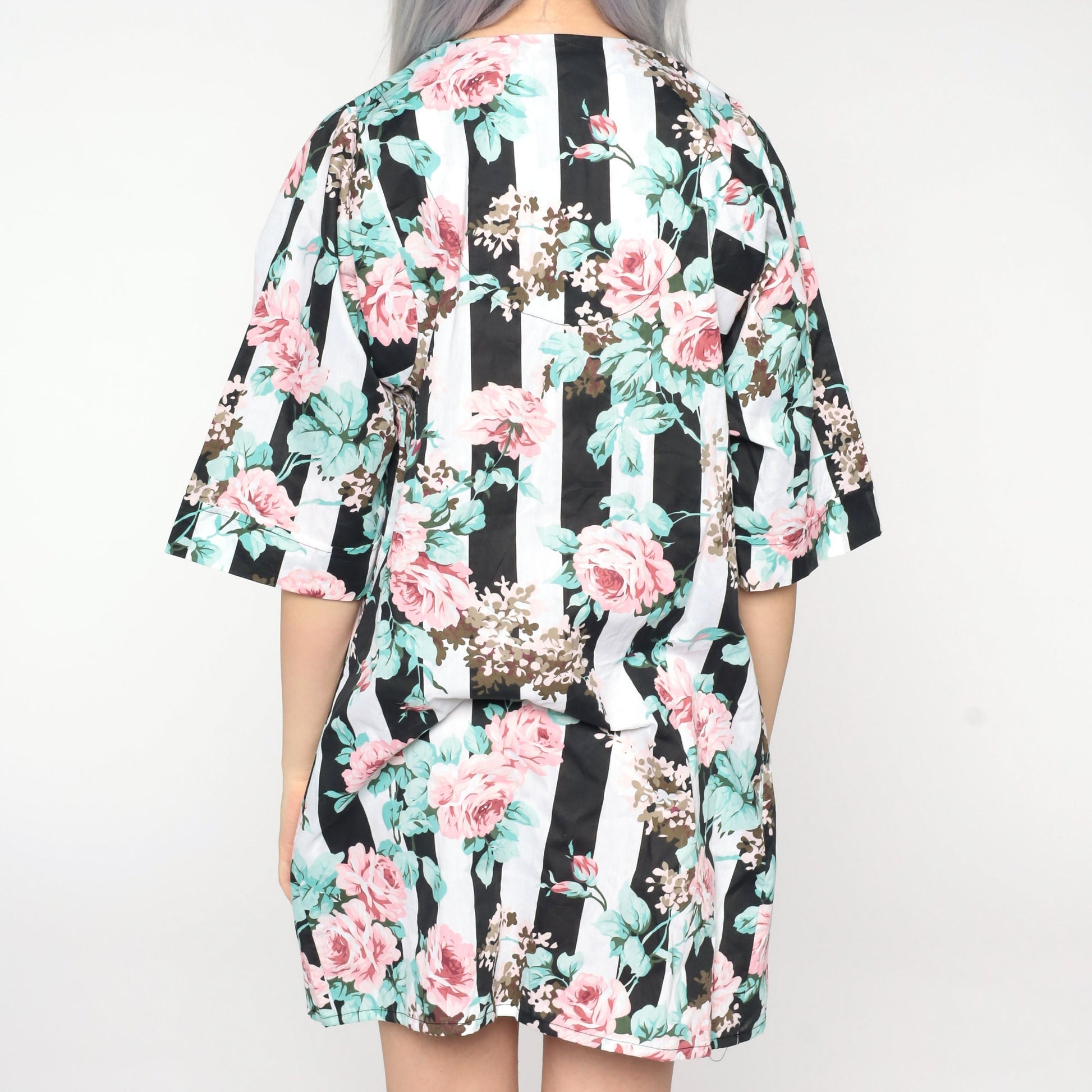 80s Floral Print Mini Dress Front Zip Shift Dress Black White Small