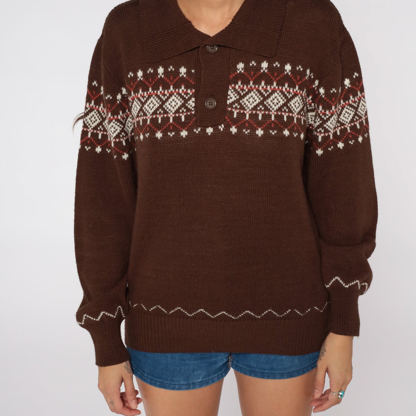 70s Fair Isle Sweater Brown Knit Geometric Pullover Medium