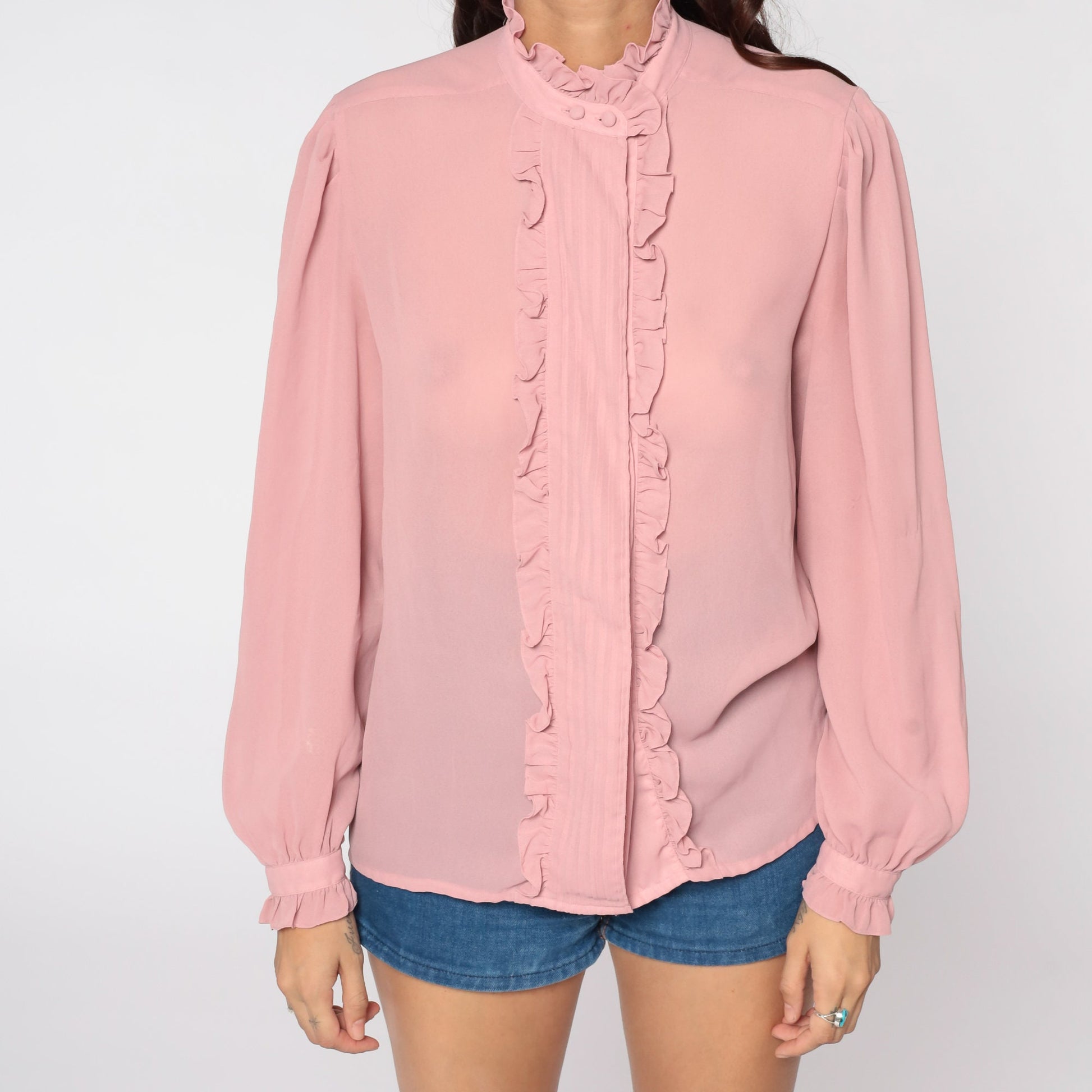 80s Pink Sheer Ruffle Tuxedo Blouse Puff Sleeve Button Up Medium