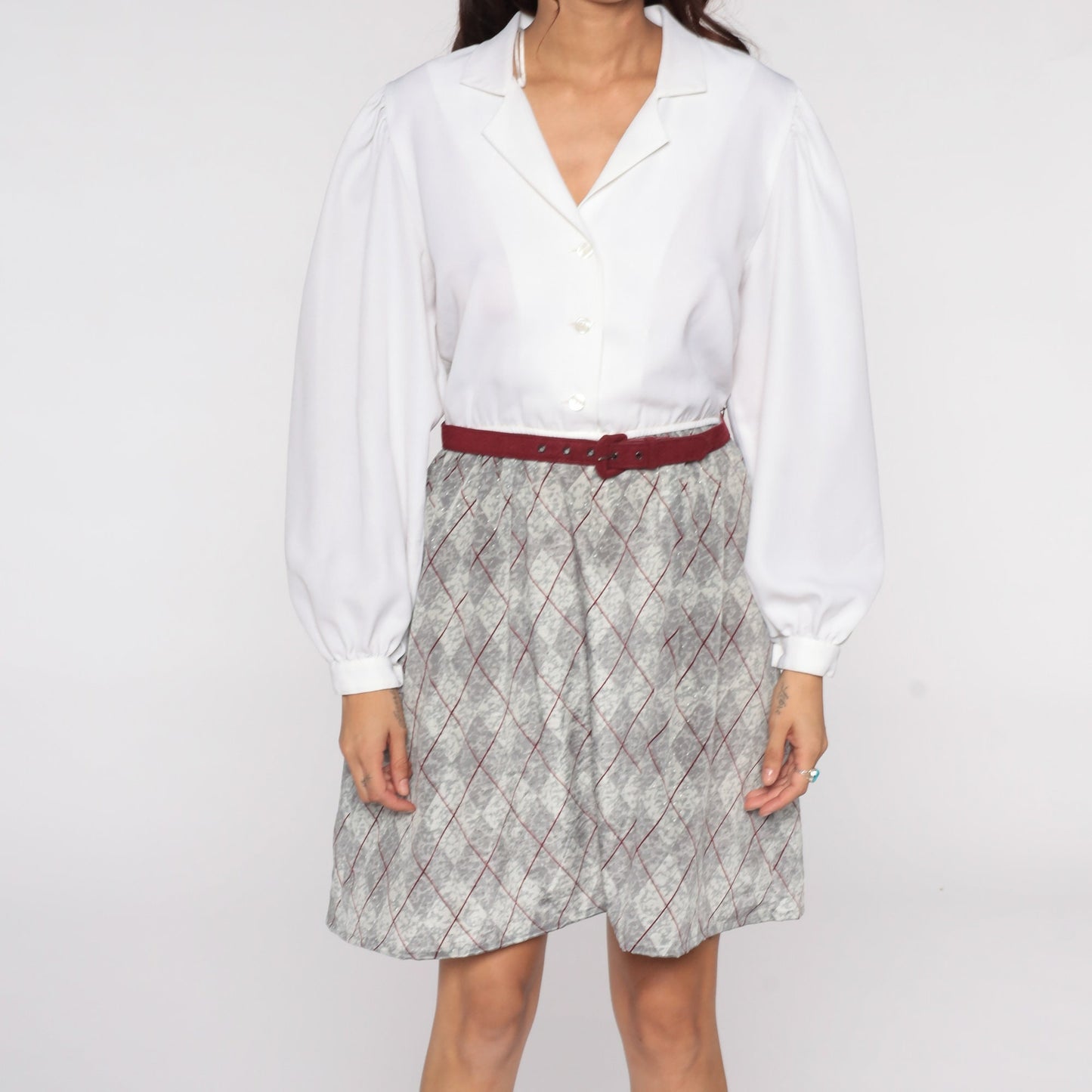 80s Leslie Fay Plaid Mini Dress Puff Sleeve White Grey Checkered Medium