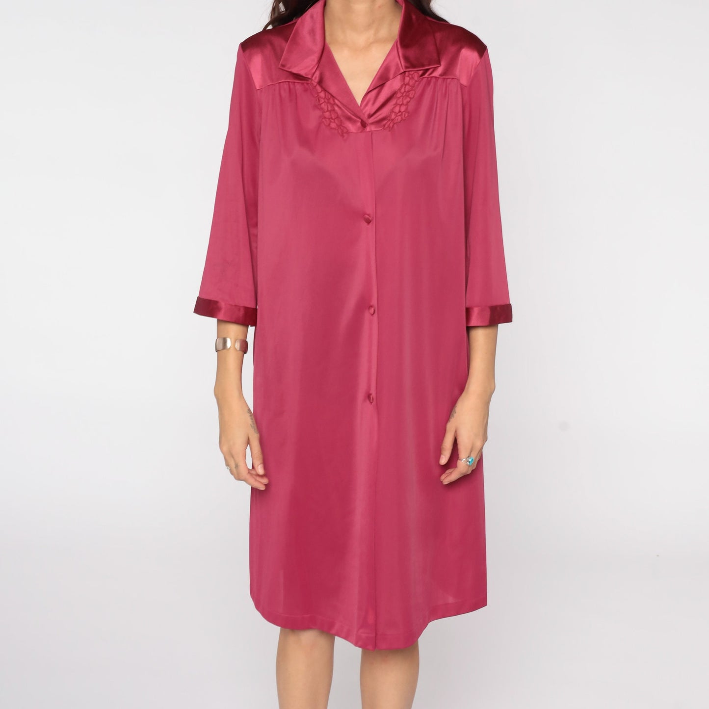 80s Raspberry Nylon Pajama Dress Floral Embroidery Button Front Midi Large L