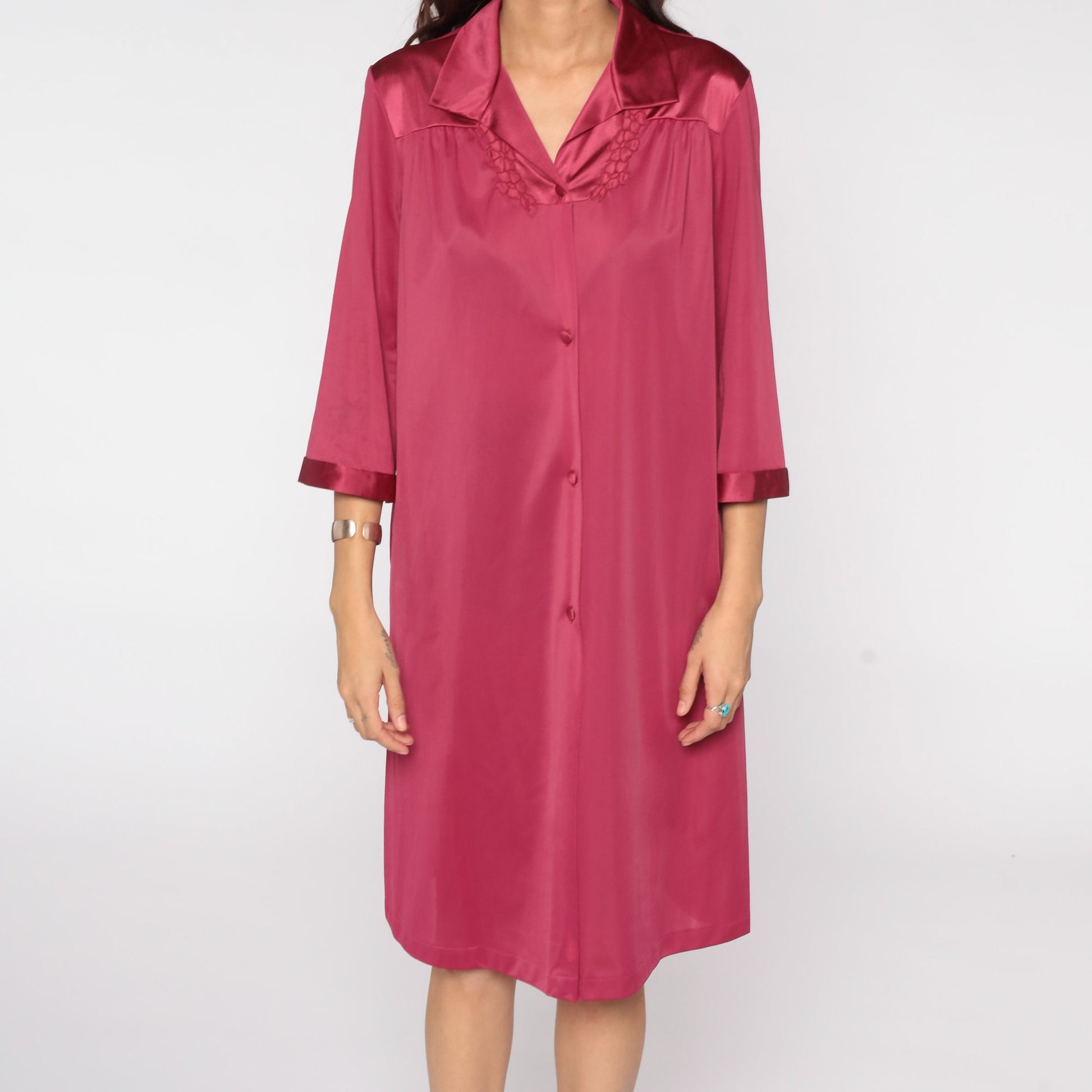 80s Raspberry Nylon Pajama Dress Floral Embroidery Button Front Midi Large L