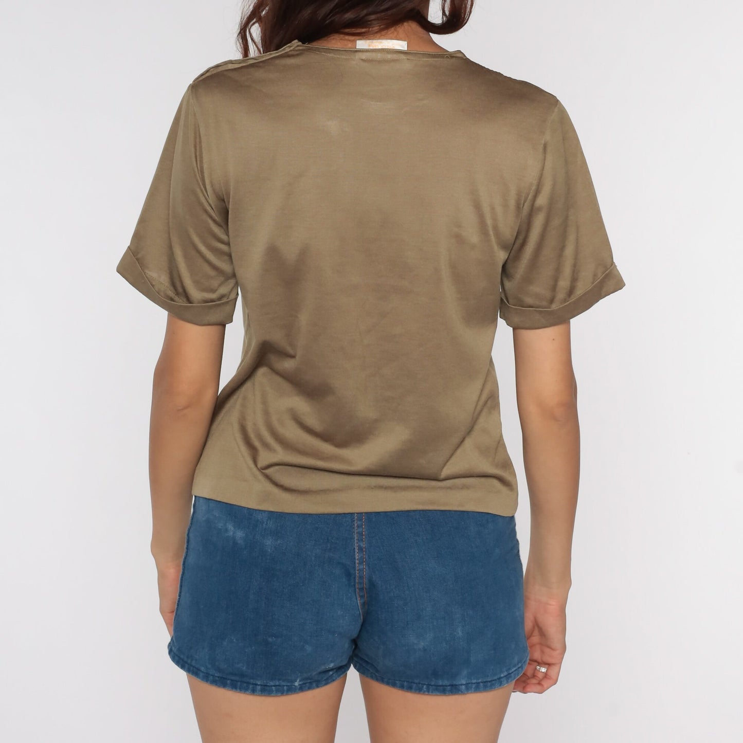 80s Brown Cotton T-Shirt Cuffed Sleeves Pocket Tee Small Medium