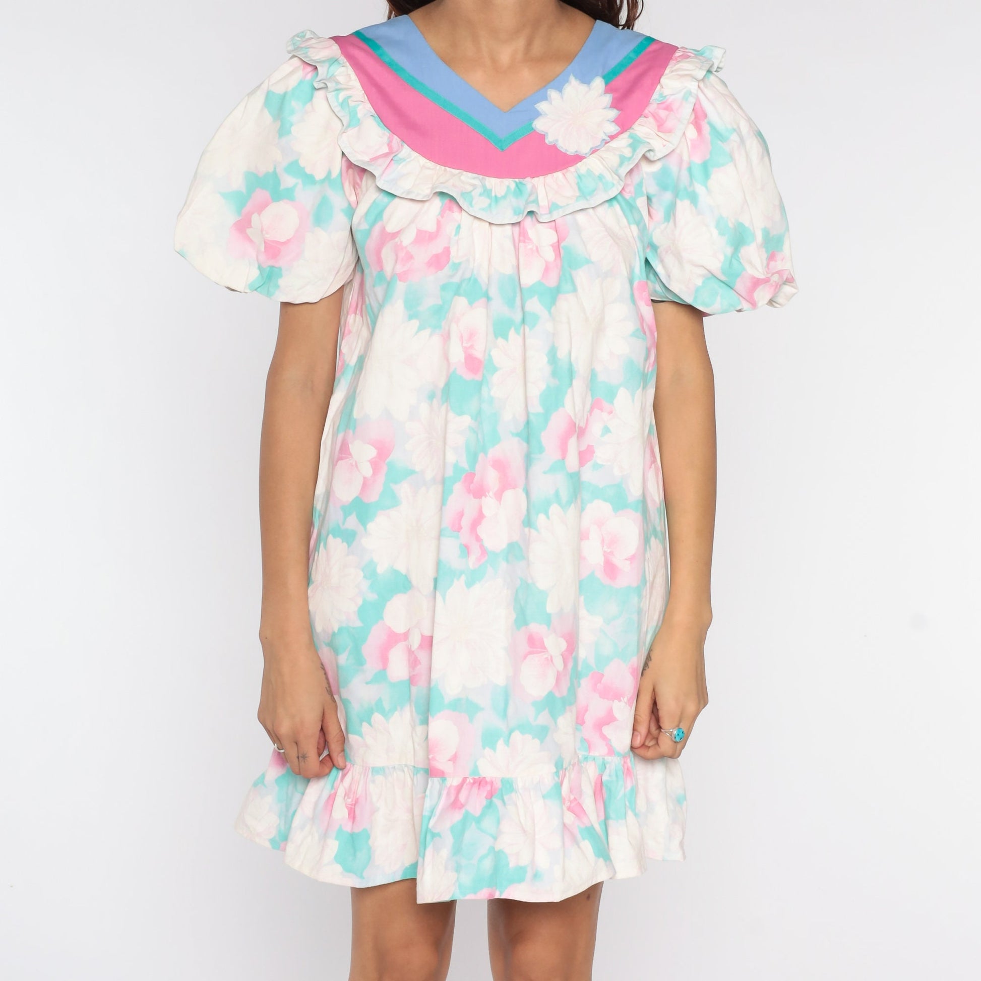 80s Floral Mini Dress Puff Sleeve Tent Cut White Pink Green Medium
