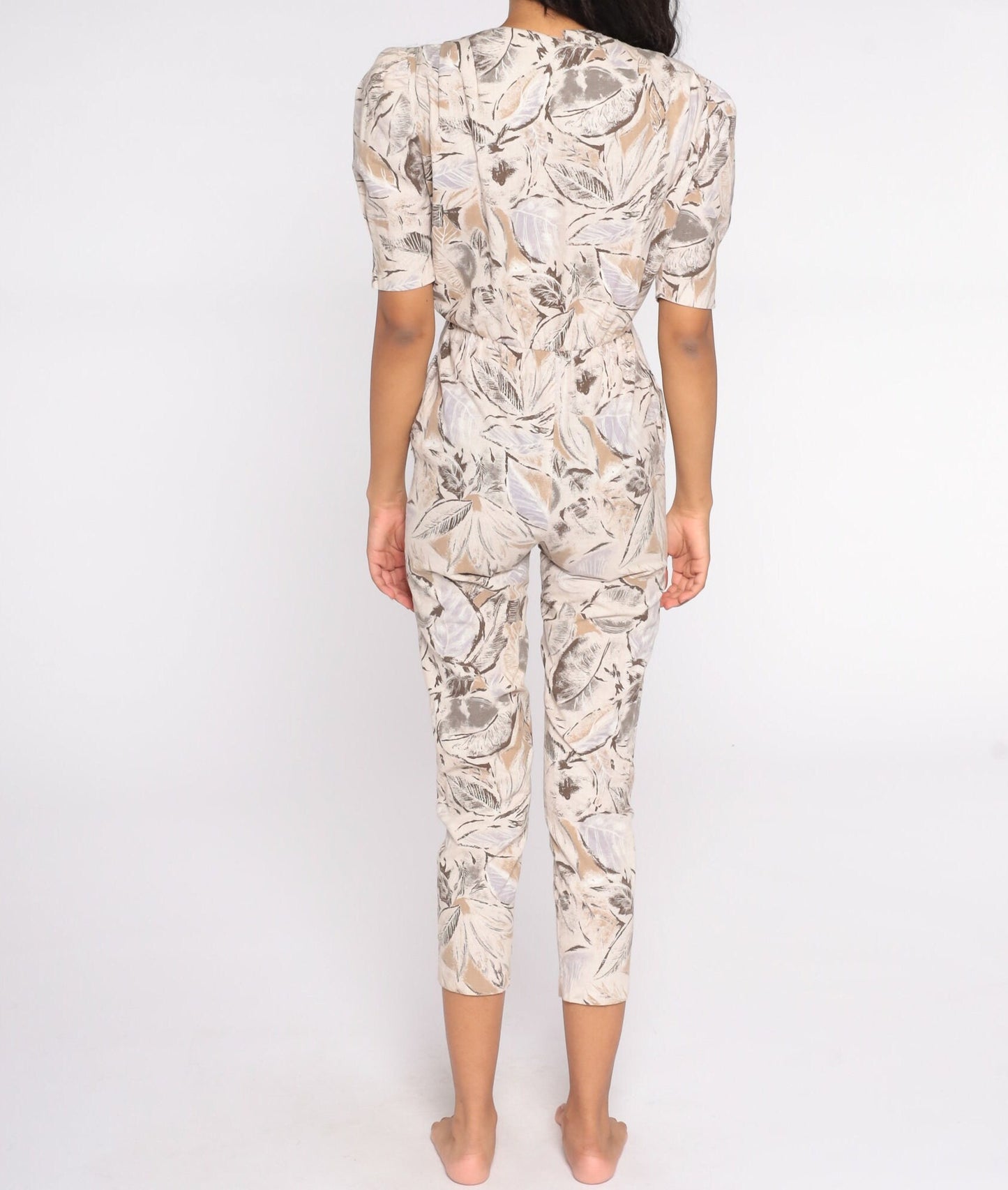80s Tropical Leaf Print Jumpsuit Puff Sleeve Wrap Bodice Tan Extra Small