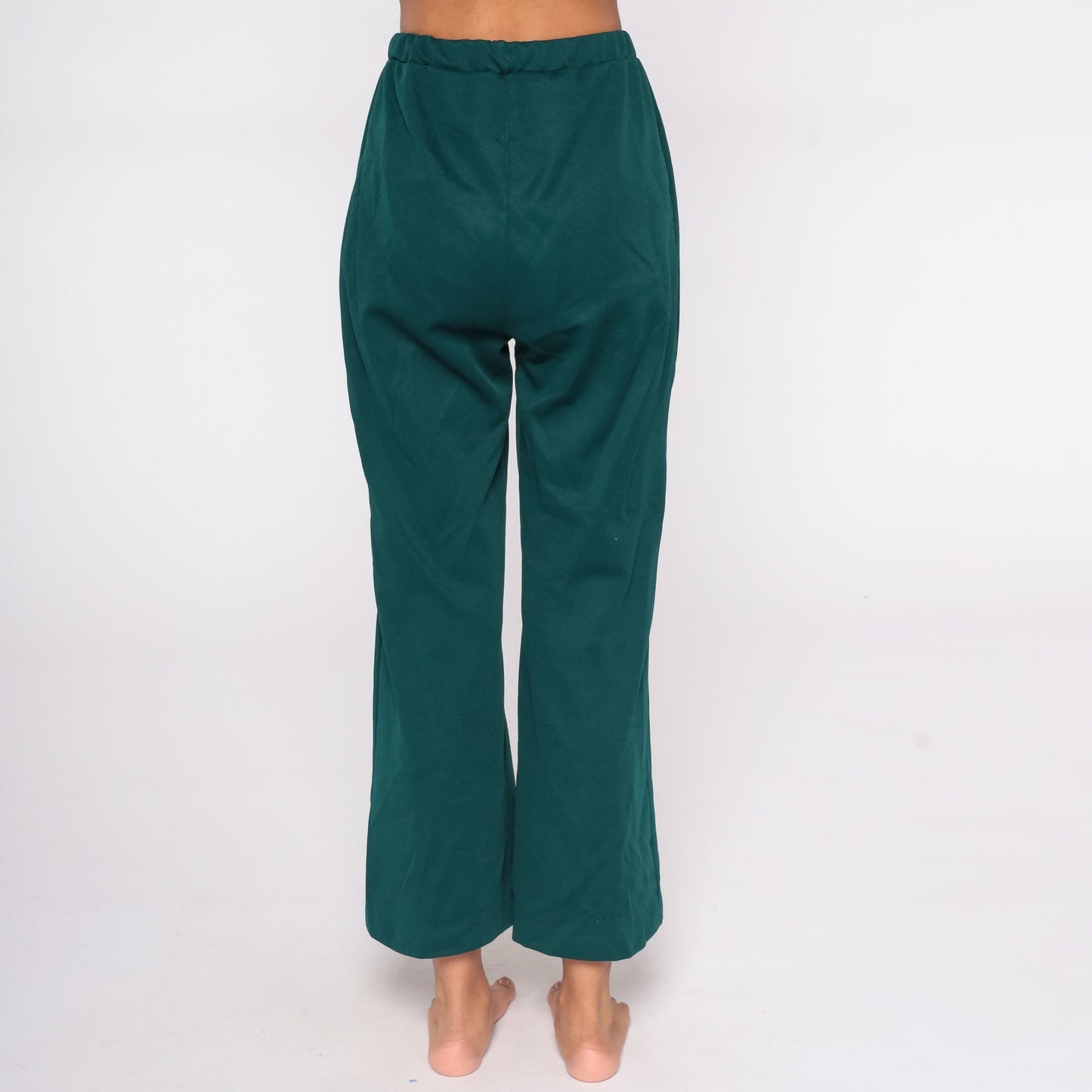 70s Green Bell Bottom Trousers High Waist Flared Polyester Small Medium