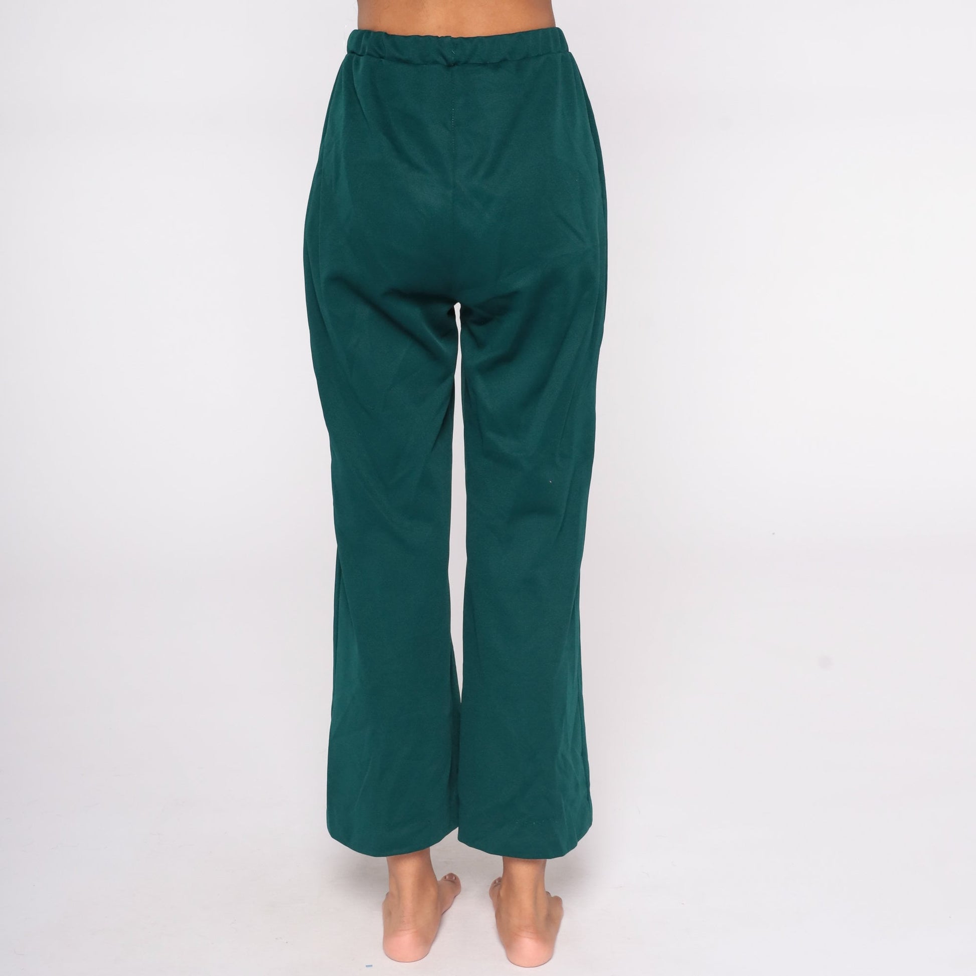 70s Green Bell Bottom Trousers High Waist Flared Polyester Small Medium