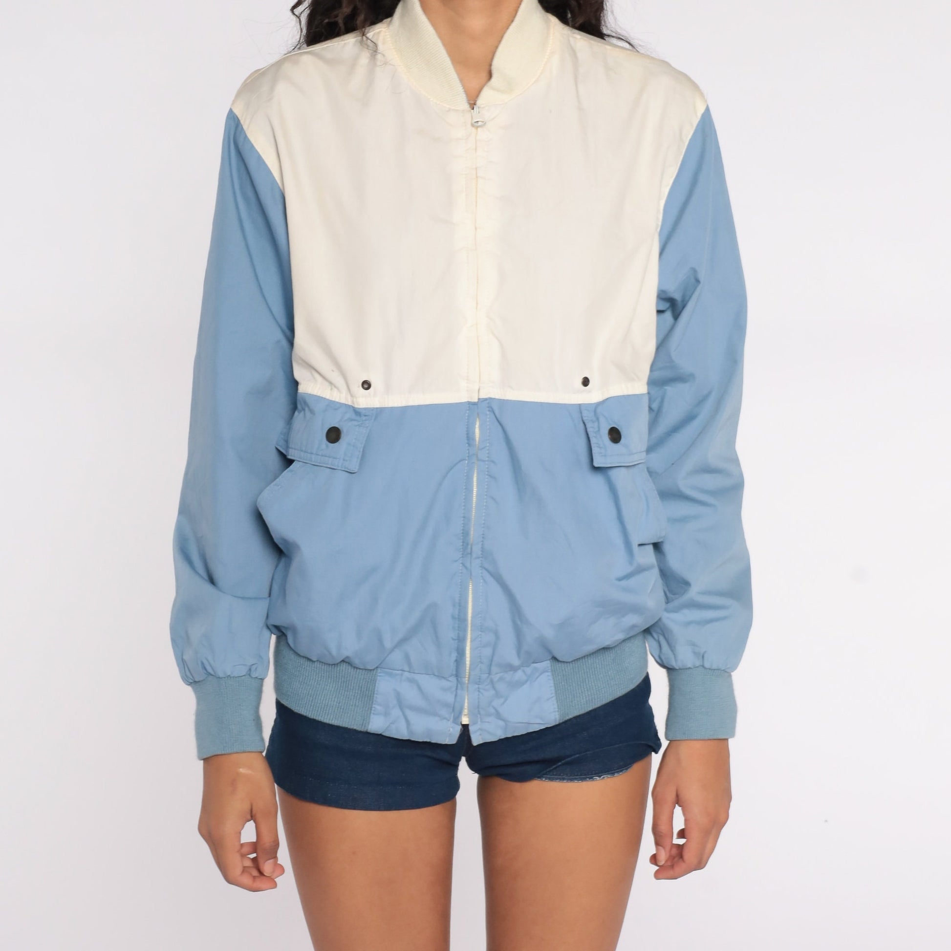 80s Baby Blue Reversible Windbreaker Jacket Color Block Grey White Small Medium