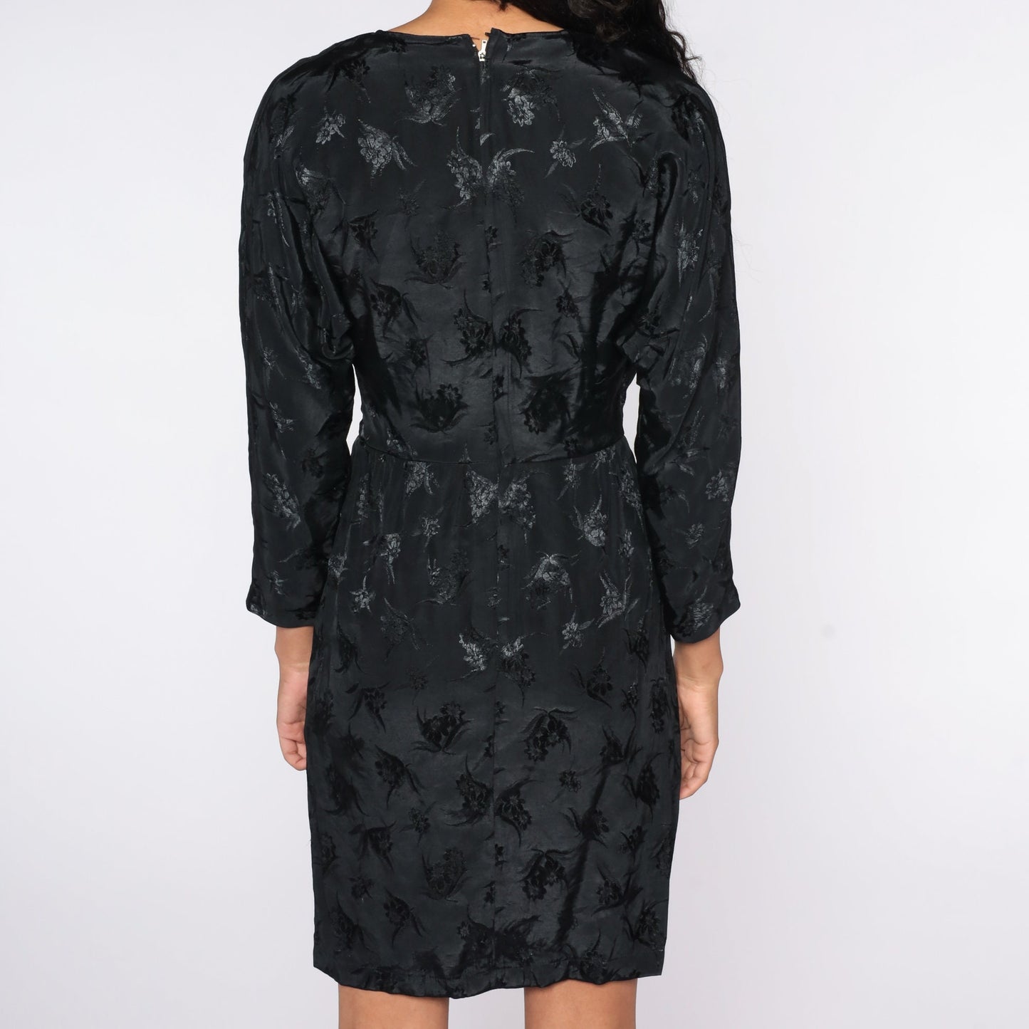 80s Black Floral Embossed Mini Wrap Dress High Waisted V Neck Small S