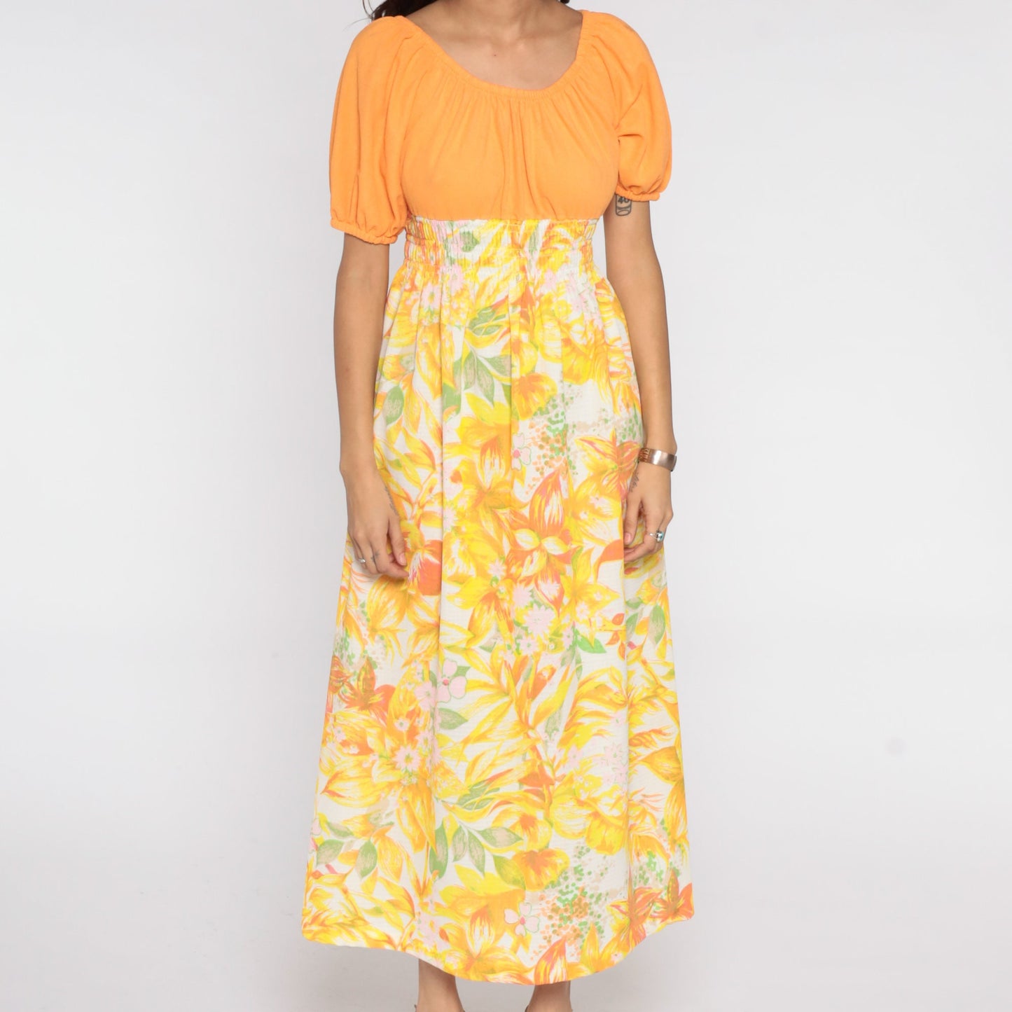 70s Floral Maxi Dress Orange Smocked Empire Waist Peasant Medium