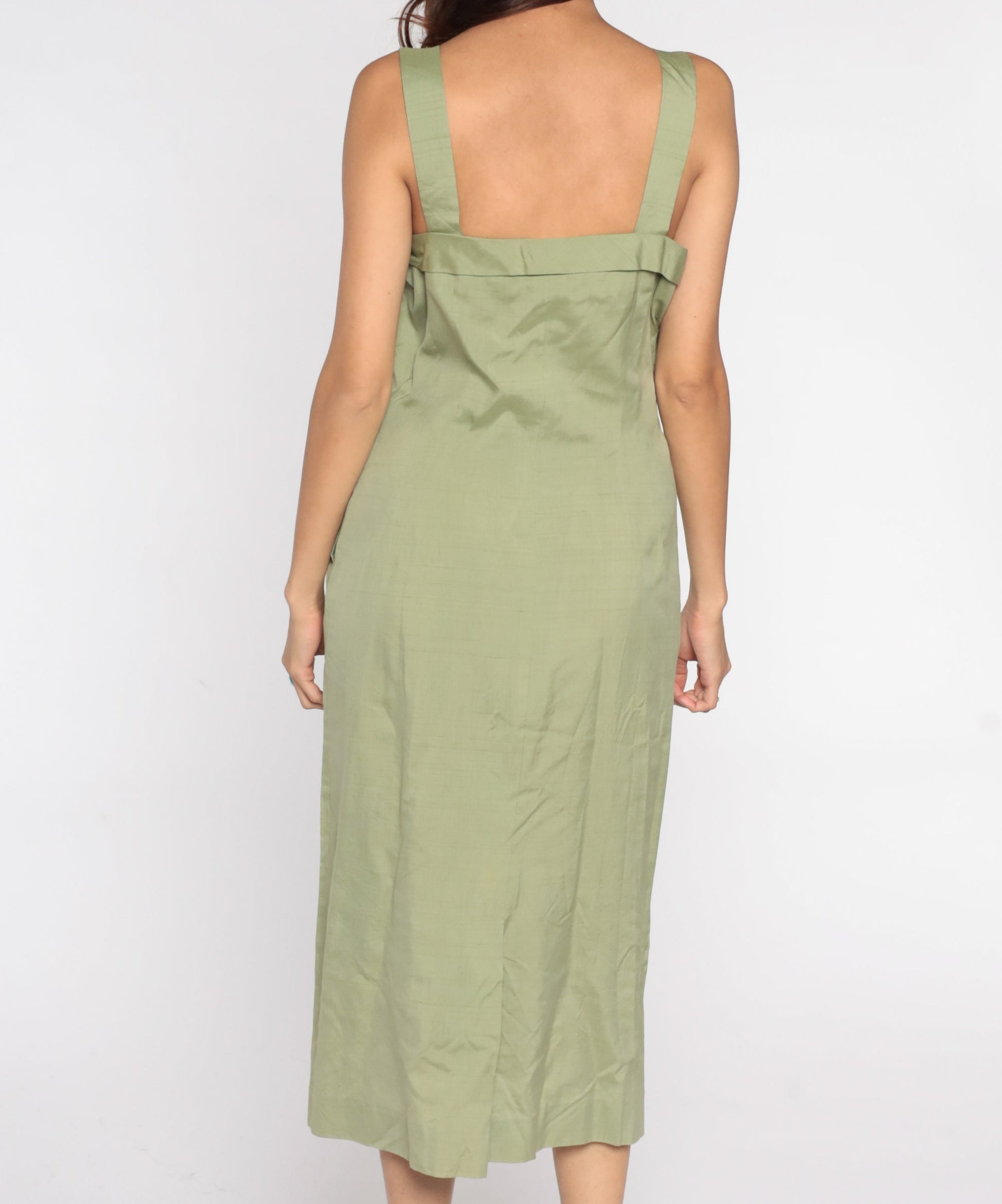 1950s Avocado Green Pencil Dress Sleeveless Tank Sheath Midi Large