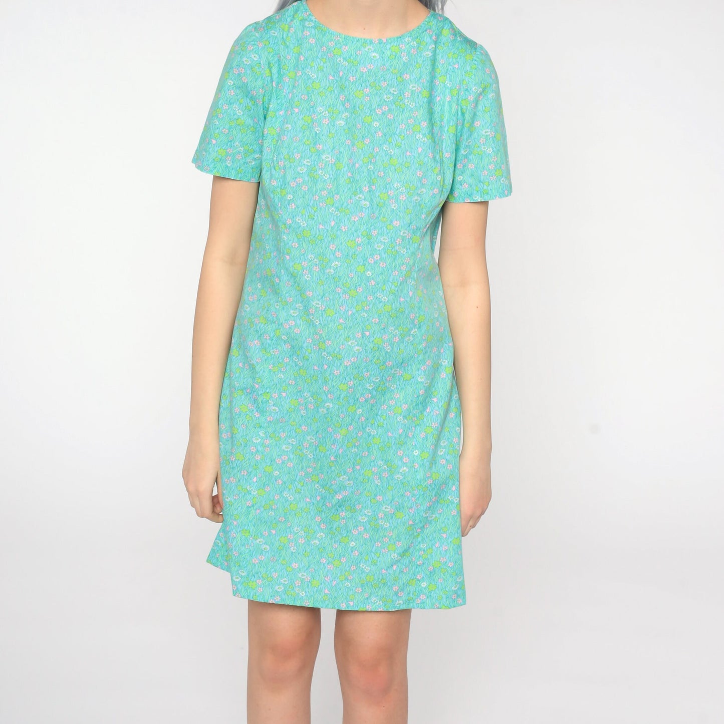 1960s Floral Shift Dress Mini Green Blue Mod Small S