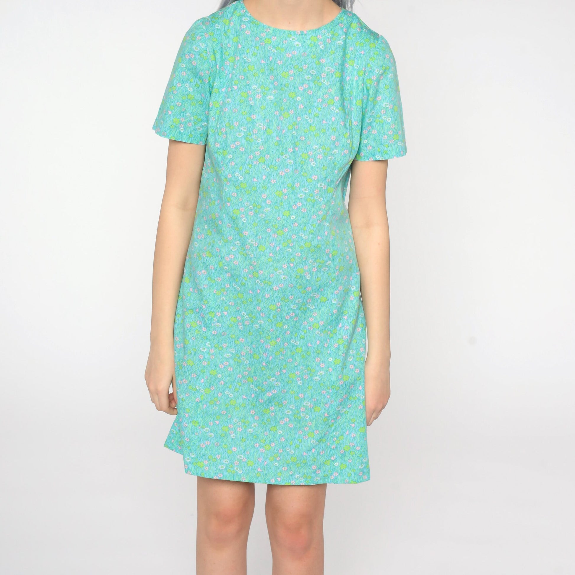 1960s Floral Shift Dress Mini Green Blue Mod Small S