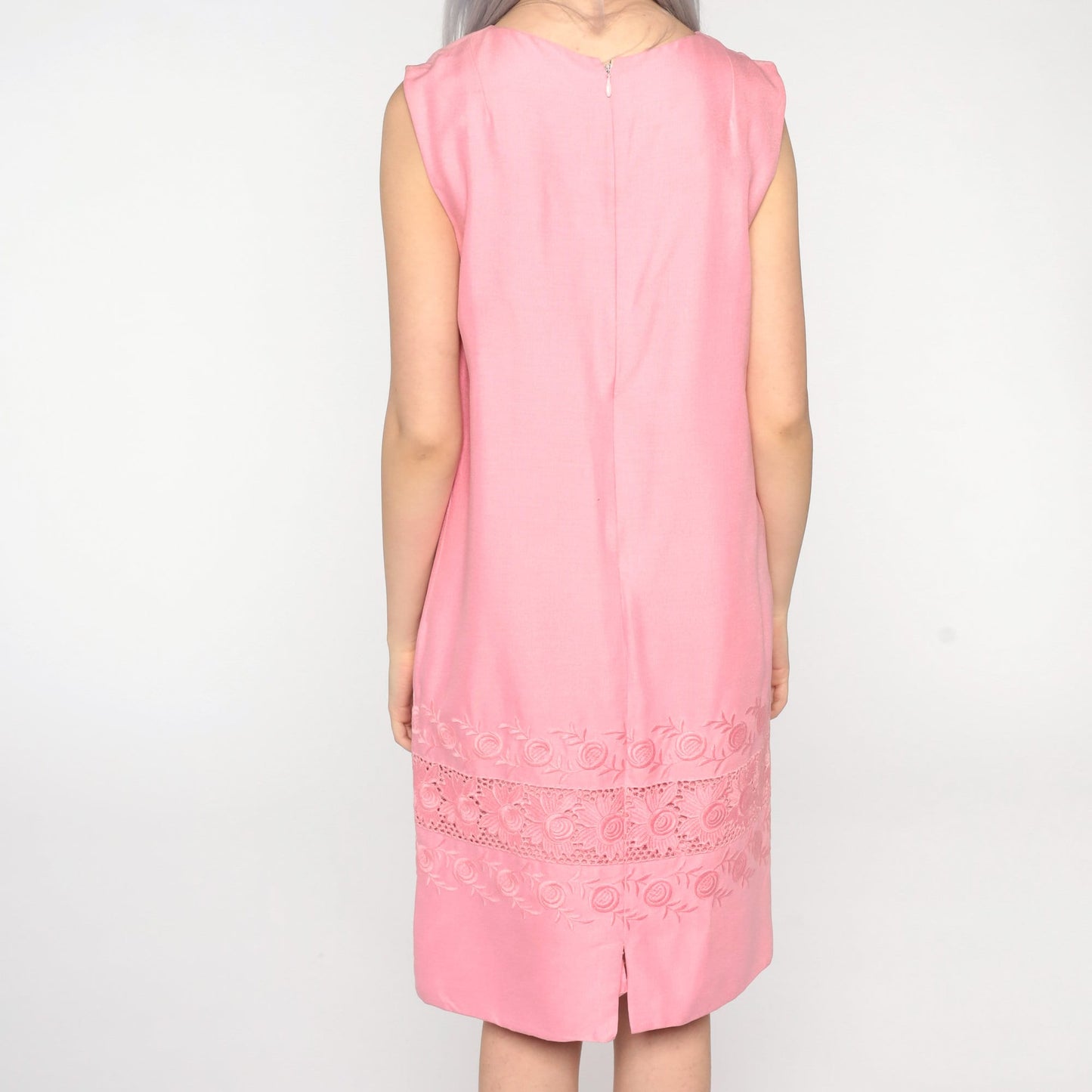 60s Floral Embroidered Shift Mini Dress Pink Sleeveless Small Medium