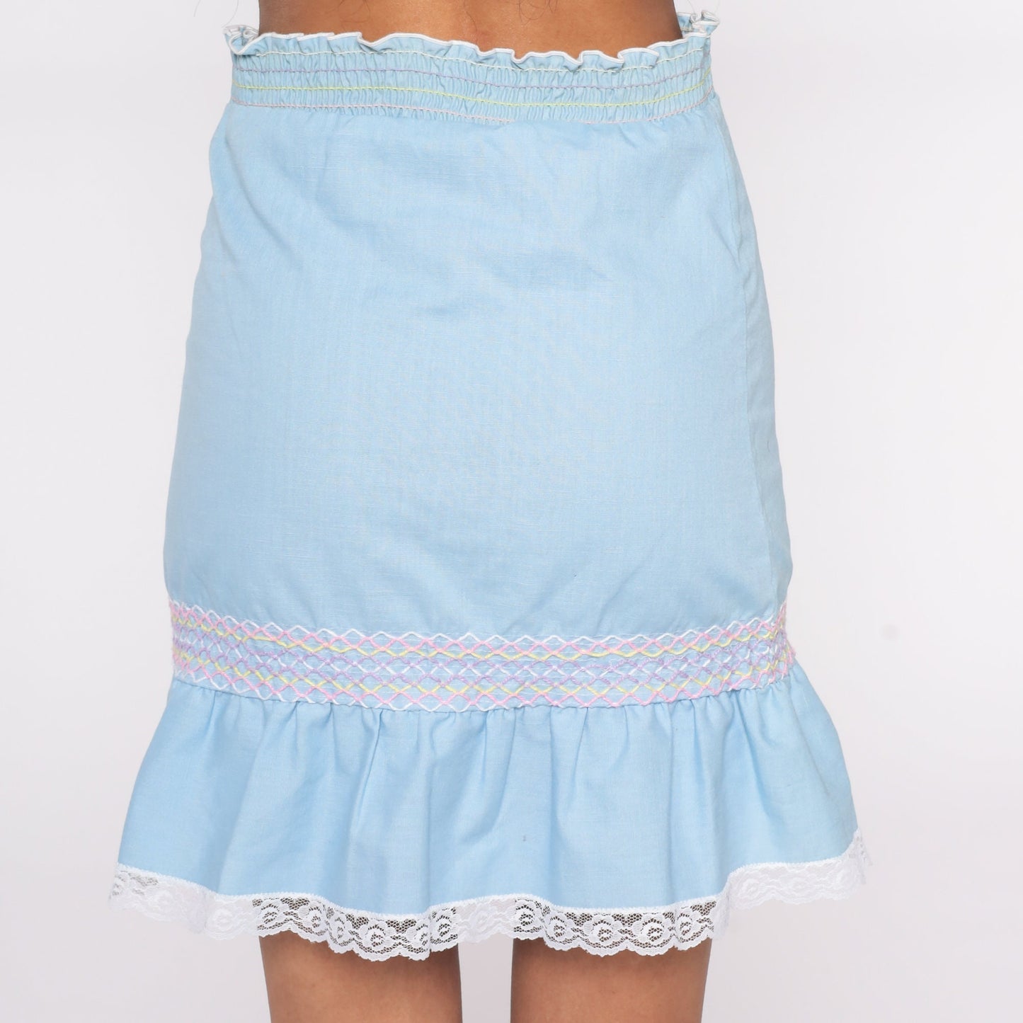 70s Baby Blue Mini Skirt High Waisted Smocked Ruffle Lace Trim Small