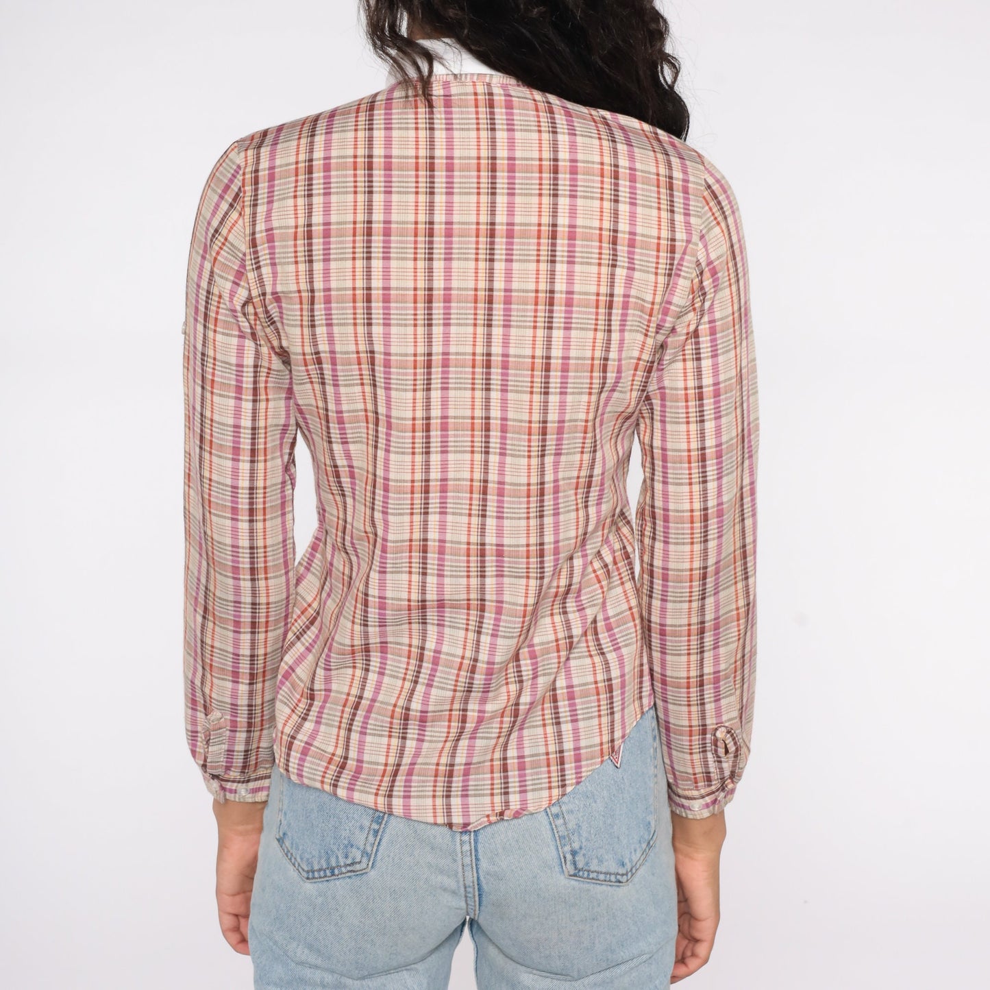 80s Western Plaid Button Up Blouse Purple Red Yellow Checkered Cowgirl Shirt Extra Small XS