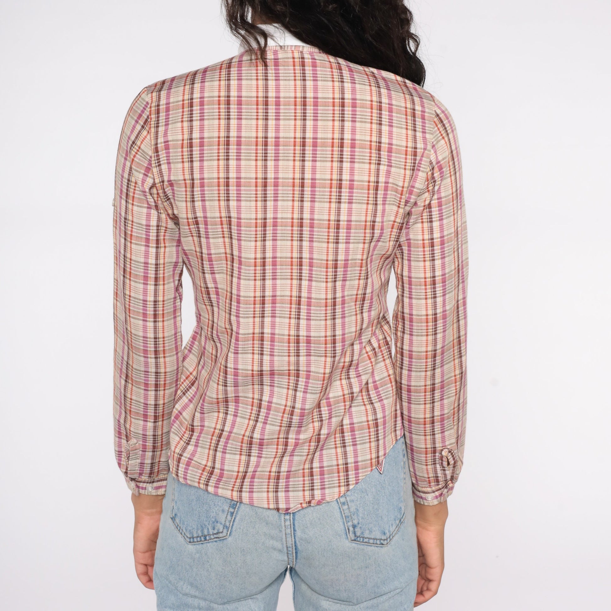 80s Western Plaid Button Up Blouse Purple Red Yellow Checkered Cowgirl Shirt Extra Small XS