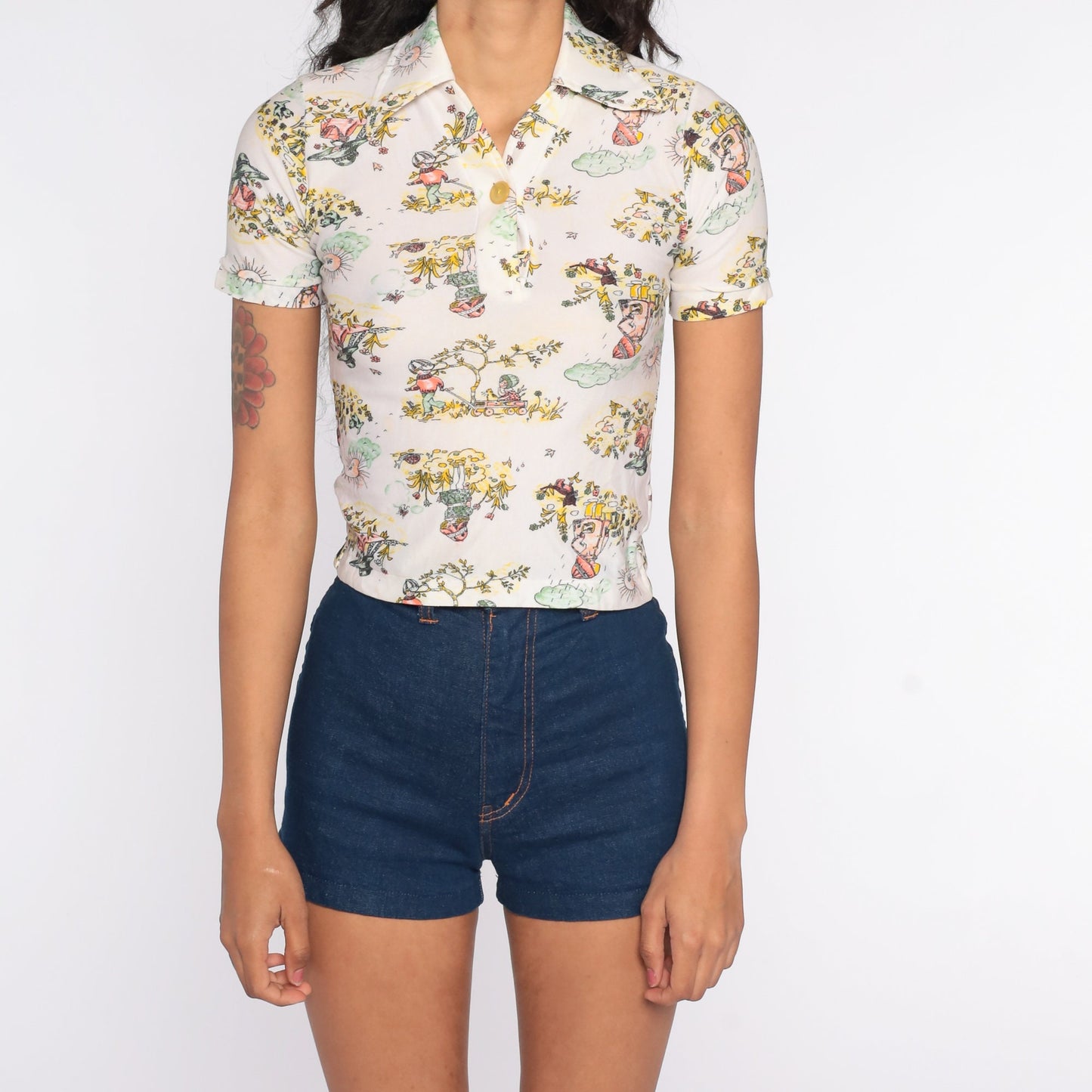 70s Children's Novelty Print Button-Up Shirt Short Sleeve Blouse XXS