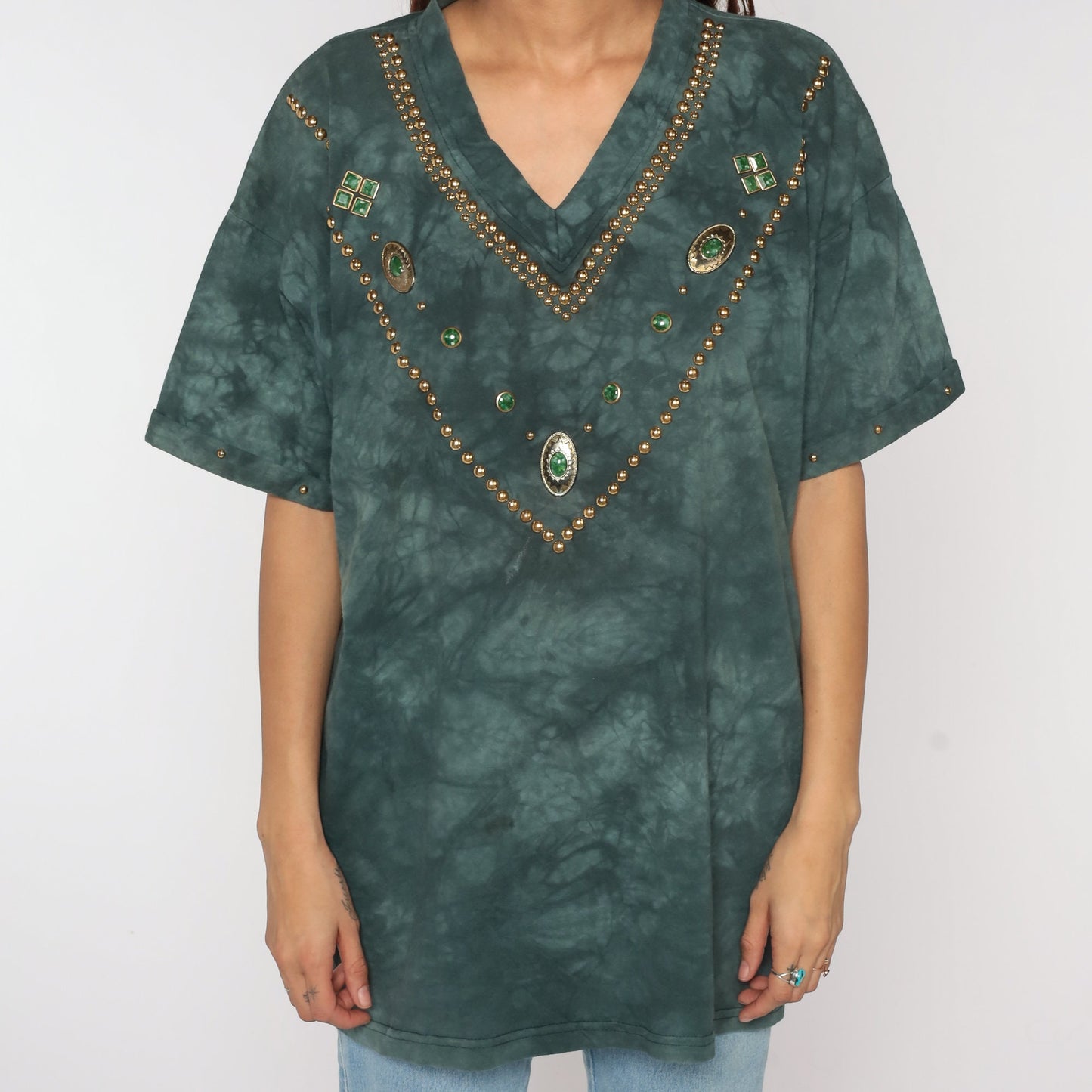 80s Tie Dye V-Neck T-Shirt Gold Studded Green Short Sleeve Extra Large
