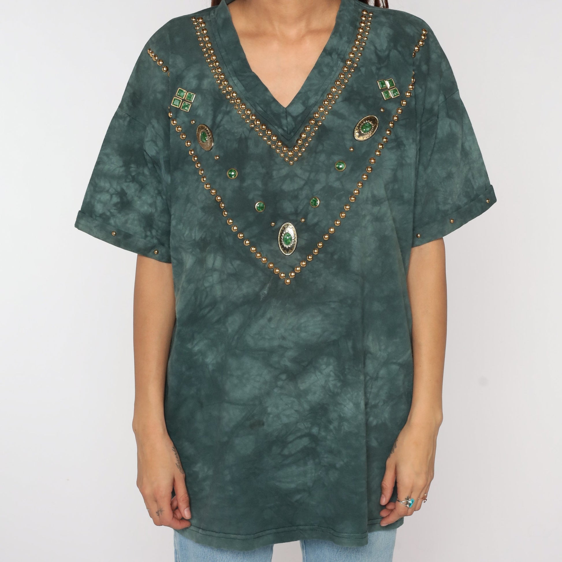 80s Tie Dye V-Neck T-Shirt Gold Studded Green Short Sleeve Extra Large
