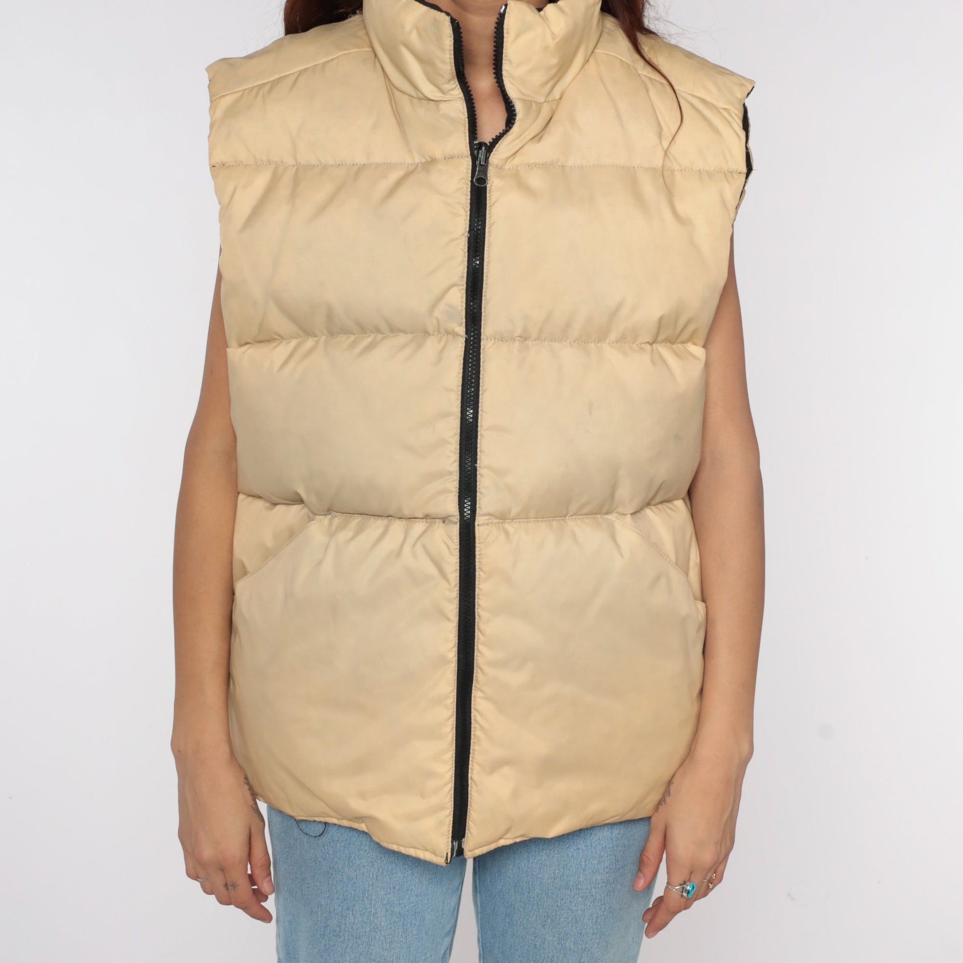 80s Golden Bear Reversible Down Puffer Vest Black Tan Men's Extra Large XL