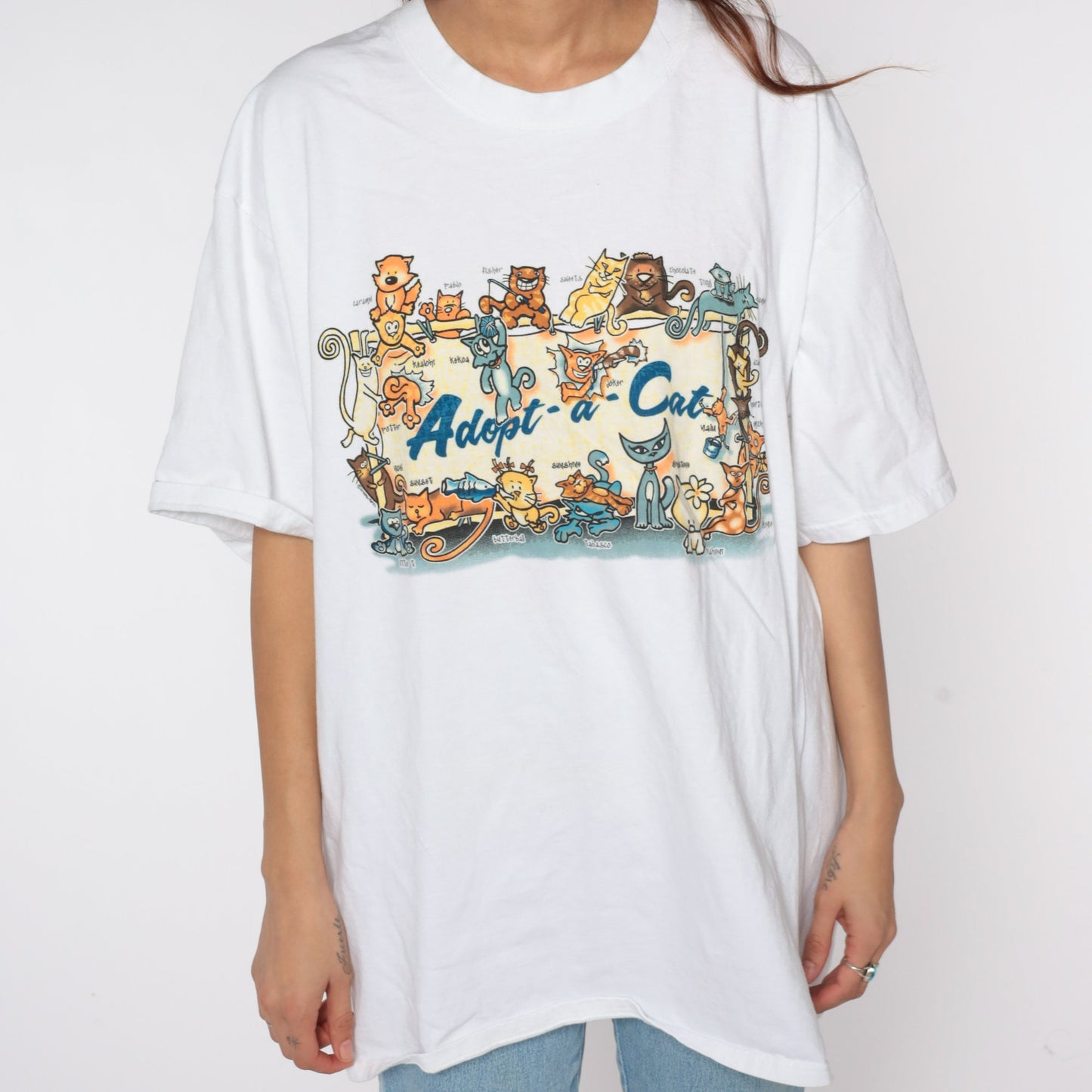 90s Adopt A Cat Graphic T-Shirt White Cotton Tee Extra Large XL