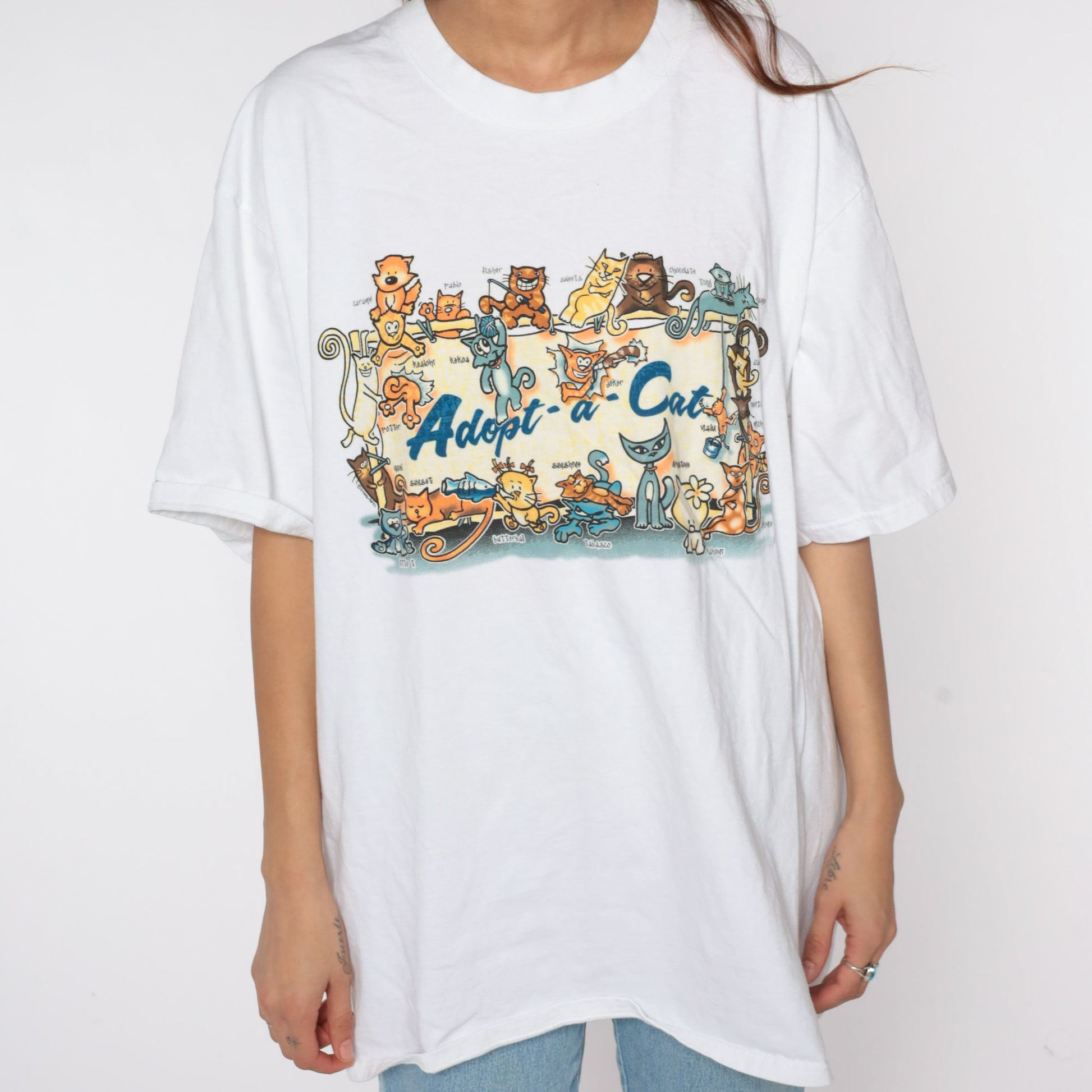90s Adopt A Cat Graphic T-Shirt White Cotton Tee Extra Large XL