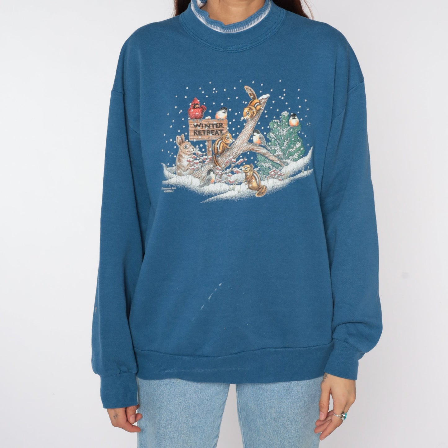 80s Winter Animal Graphic Sweatshirt Blue Mock Neck Bunny Squirrel Birds Large L