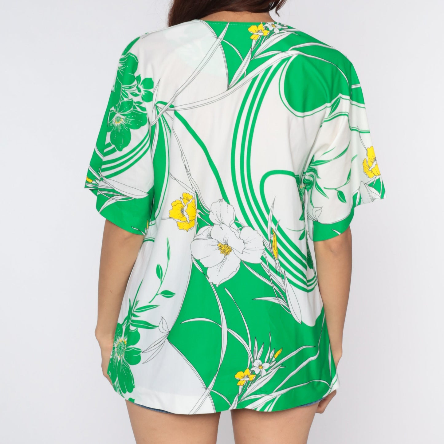 70s Floral Keyhole Blouse Green White Neck Tie Shirt Medium