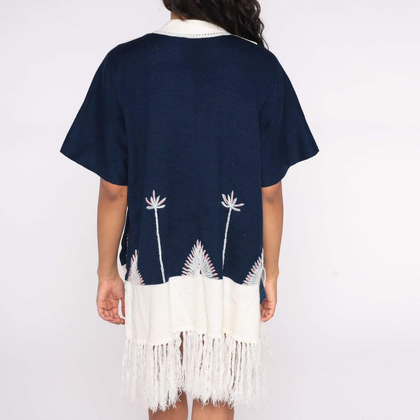 70s Navy Knit Poncho Sweater Floral Embroidery Fringe Shawl Medium Large