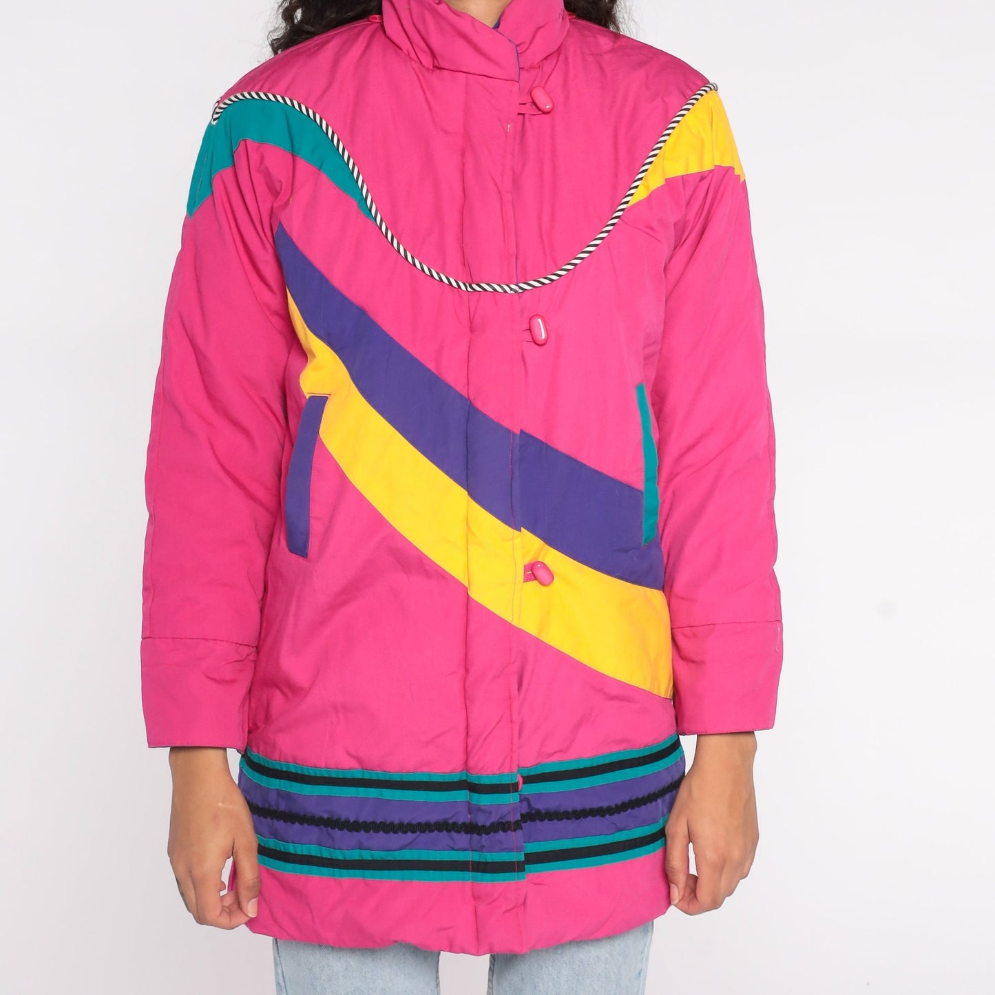 80s Neon Pink Puffer Ski Jacket Abstract Stripe Toggle Buttons Floral Lining Extra Small XS