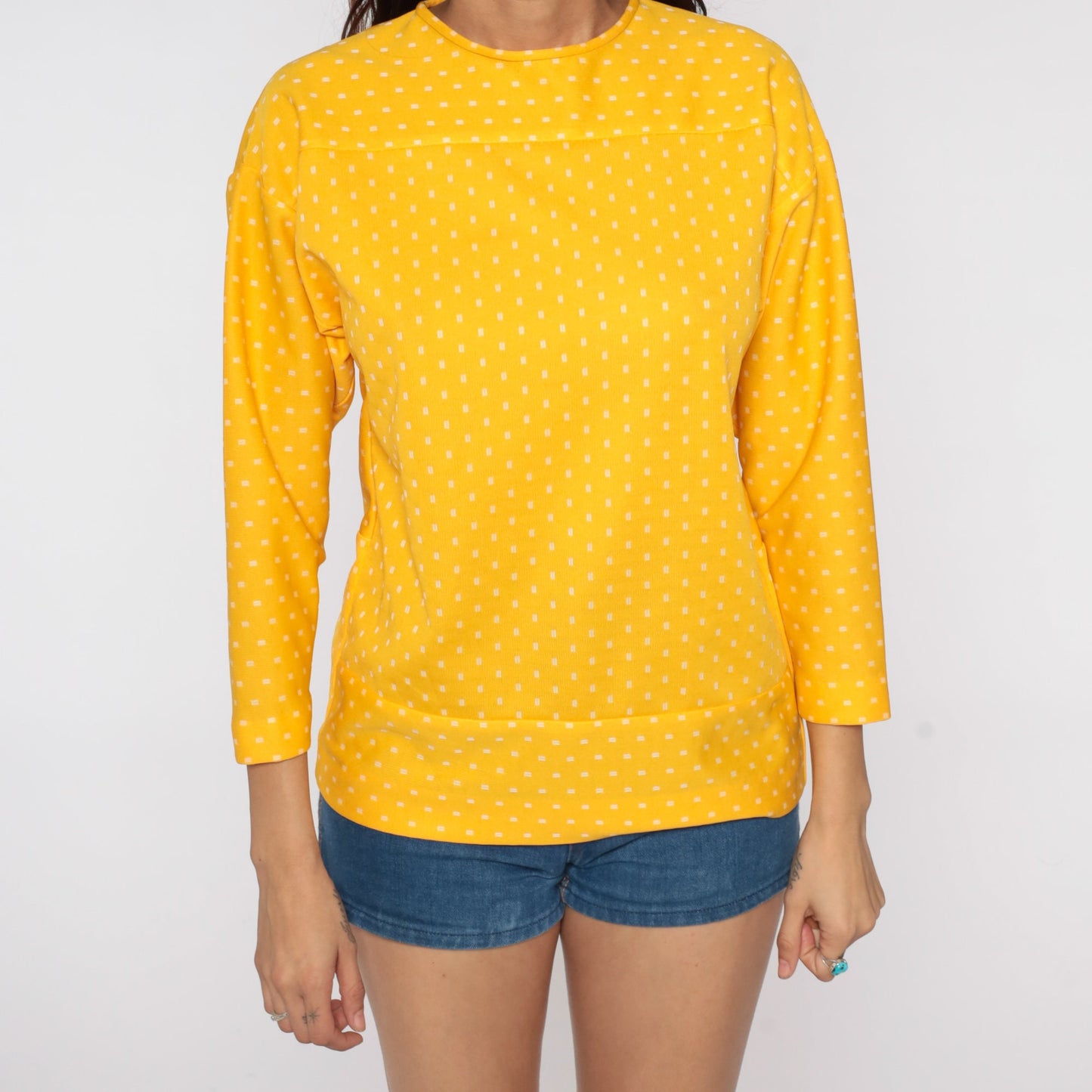 70s Yellow Polka Dot Blouse Drop Shoulder Long Sleeve Polyester Top Medium