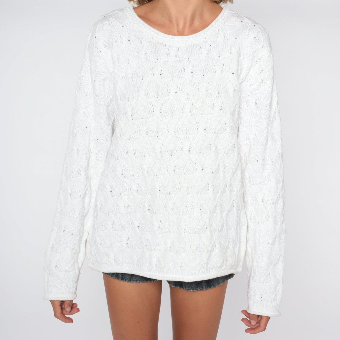 90s White Textured Knit Sweater Diamond Brocade Pullover Large L
