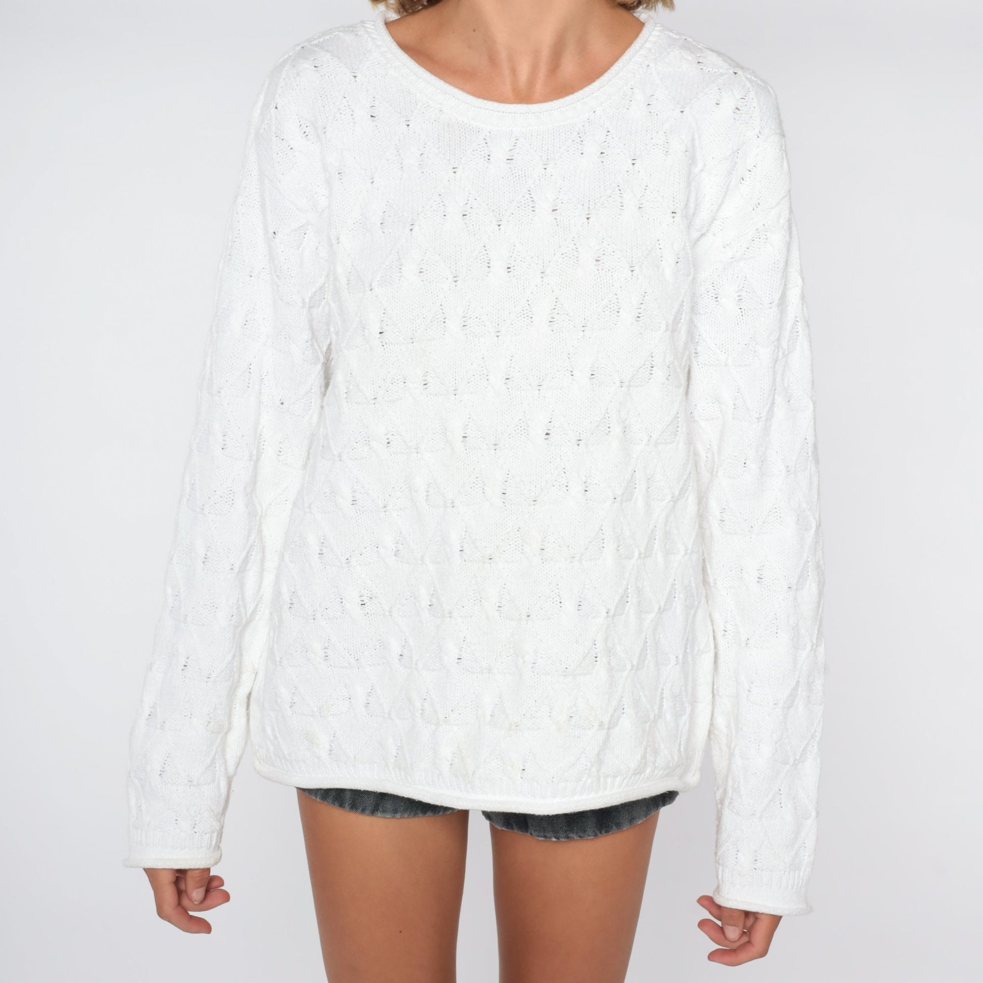 90s White Textured Knit Sweater Diamond Brocade Pullover Large L